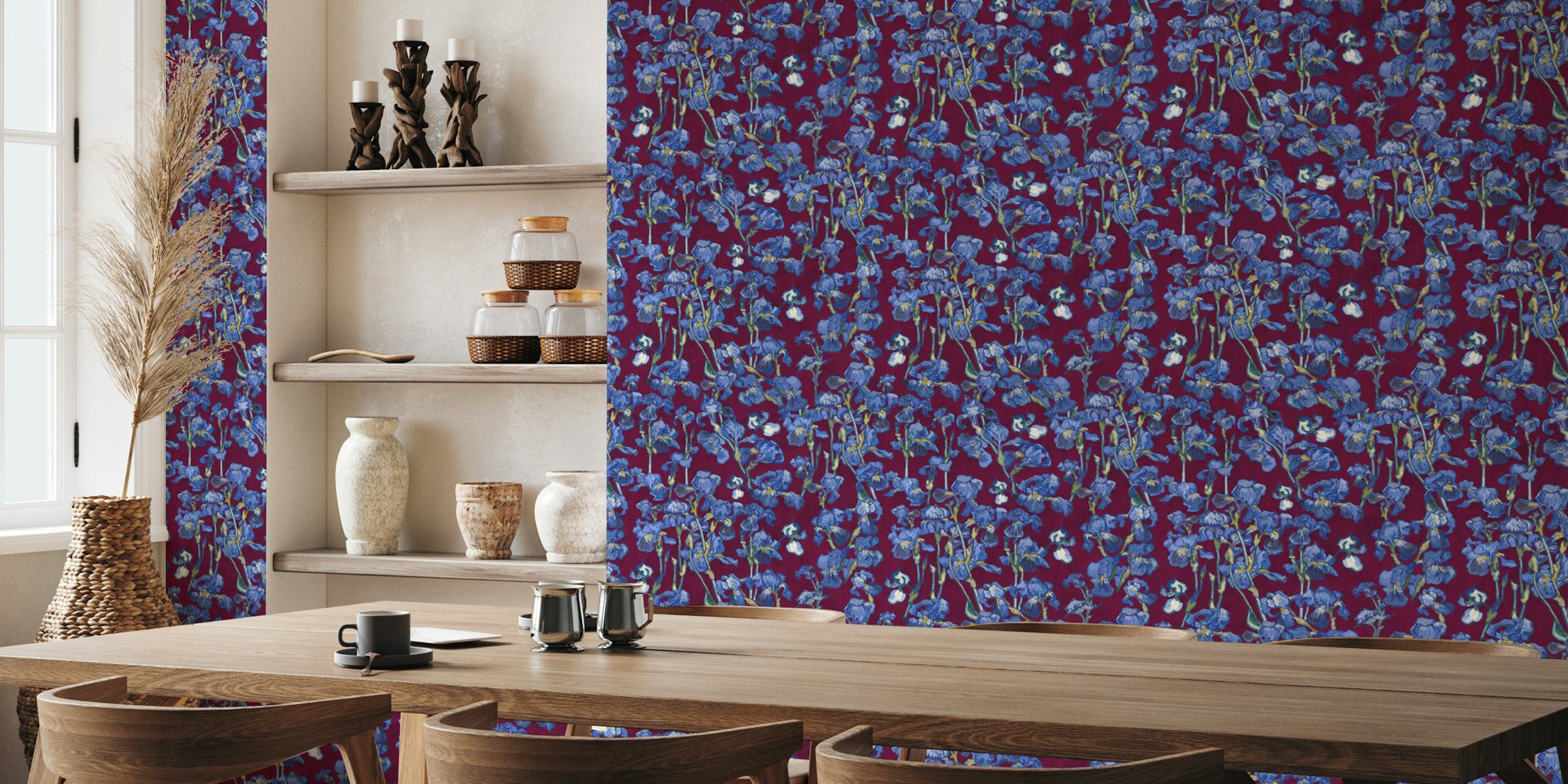 Διακόσμηση τοίχου Van Gogh Irises pattern με χρώματα burgundy red και cobalt blue