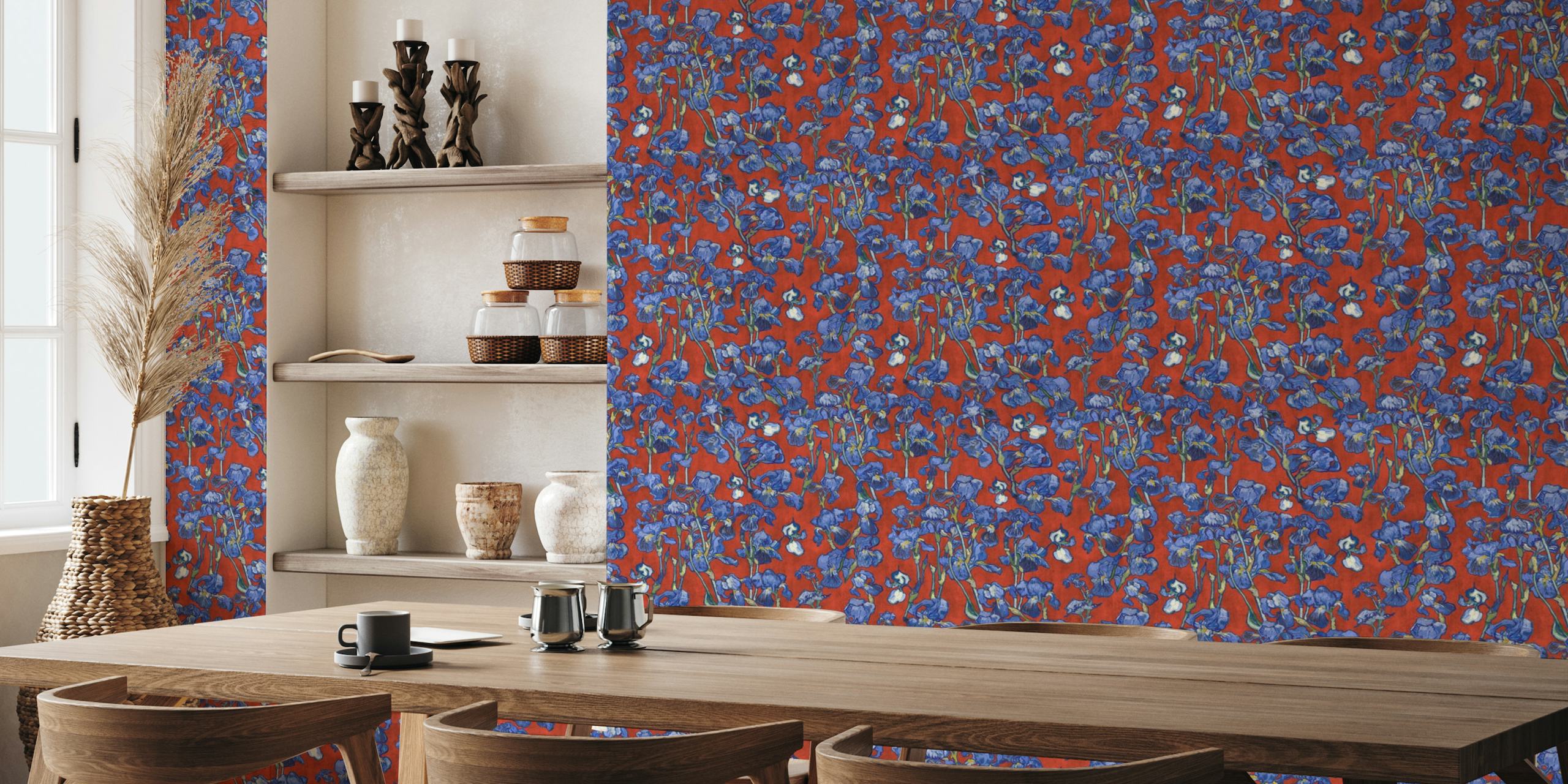 Van Gogh Irises wall mural featuring vermilion red background with cobalt blue iris flowers pattern