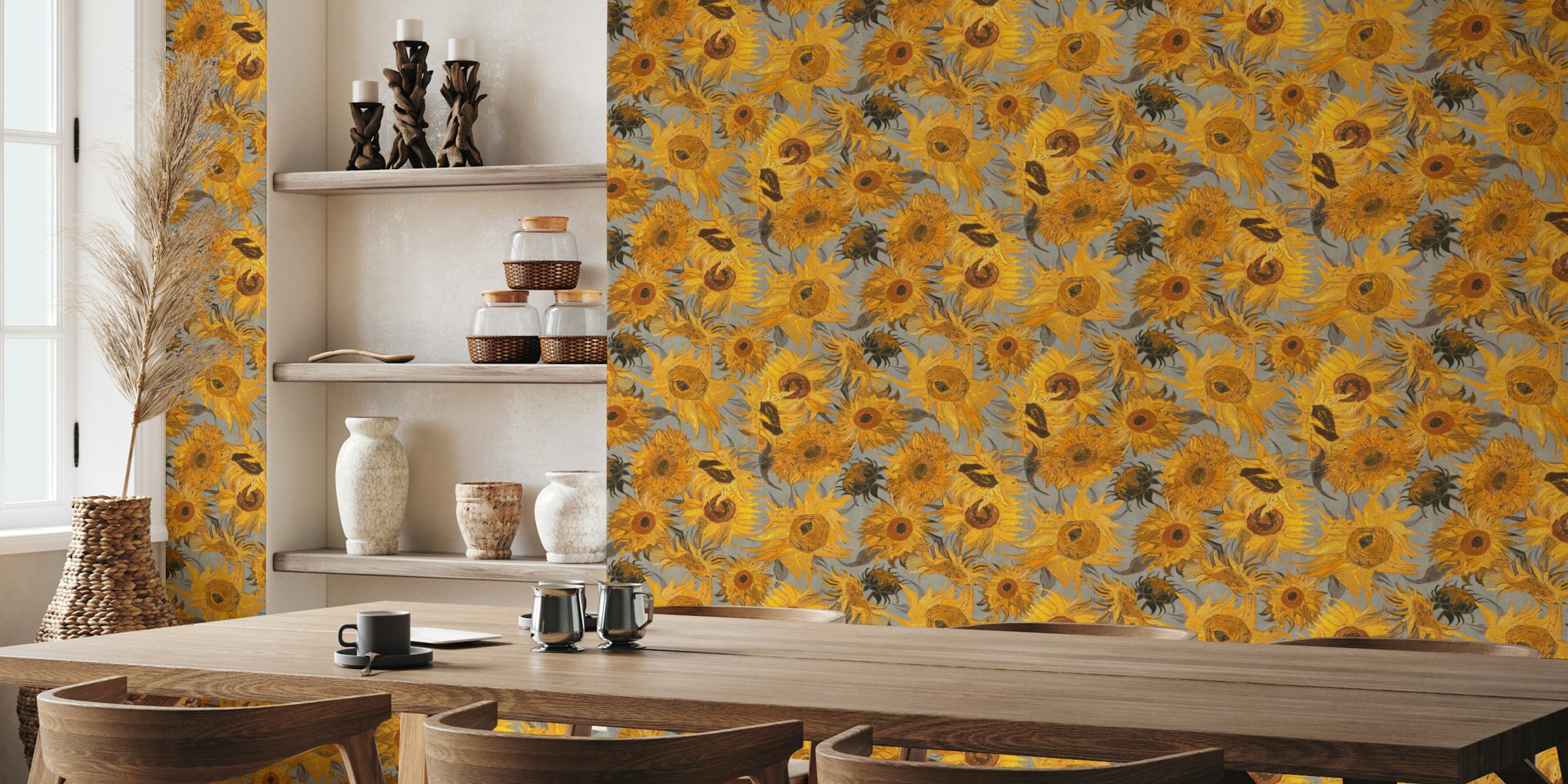 Van Gogh sunflower pattern wallpaper in a room