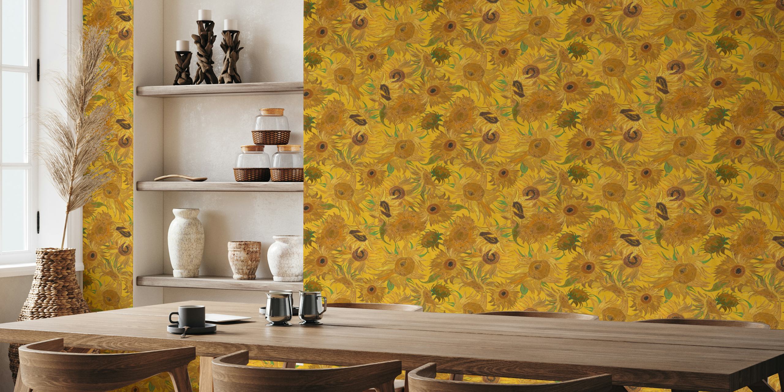 Sunflower pattern wallpaper in a bright room