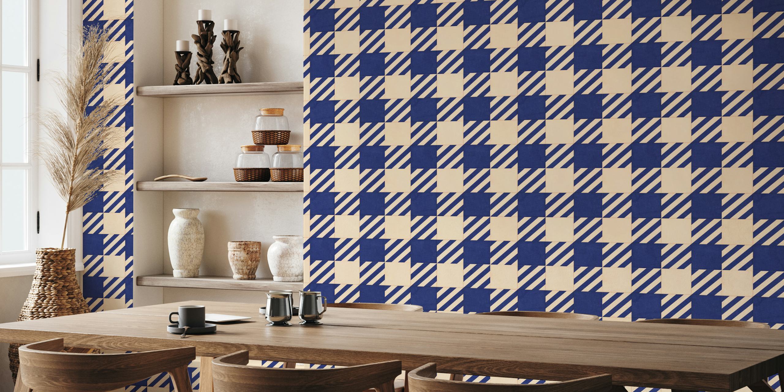 Gingham pattern wallpaper featuring blue and beige stripes