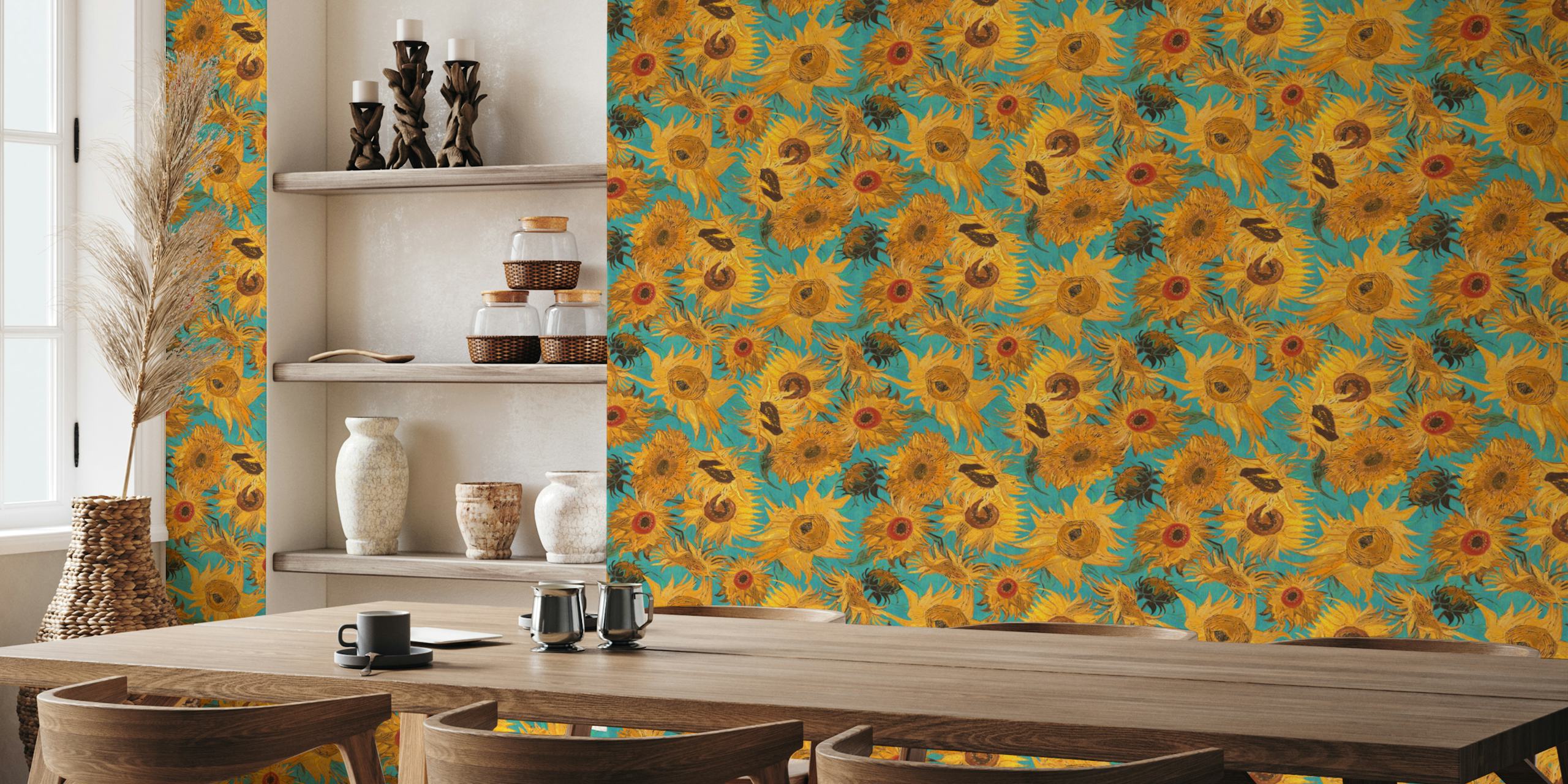 Van Gogh sunflowers wallpaper in a room