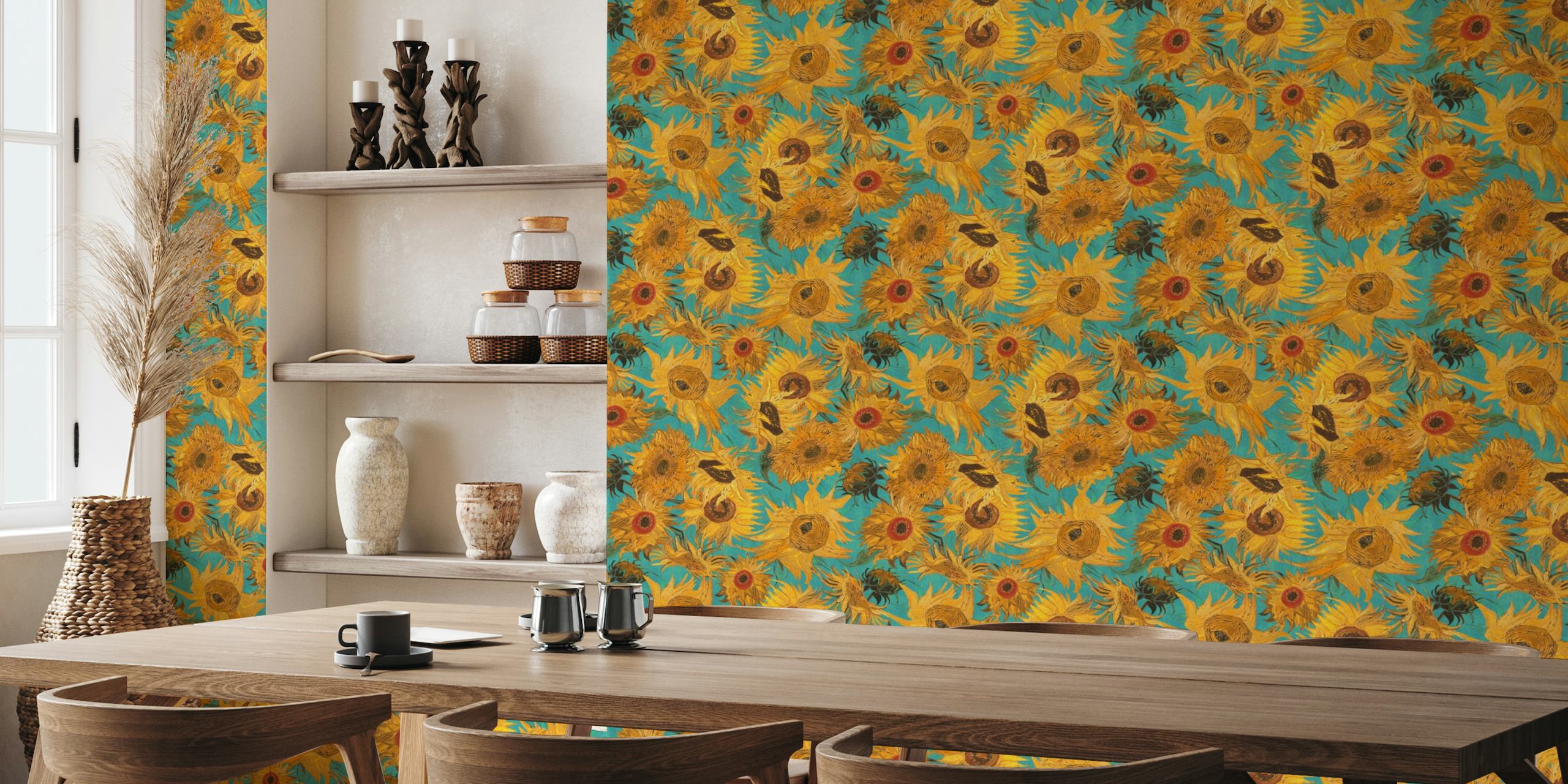 Van Gogh Sunflowers Pattern in yellow, teal, green, ochre and red wallpaper