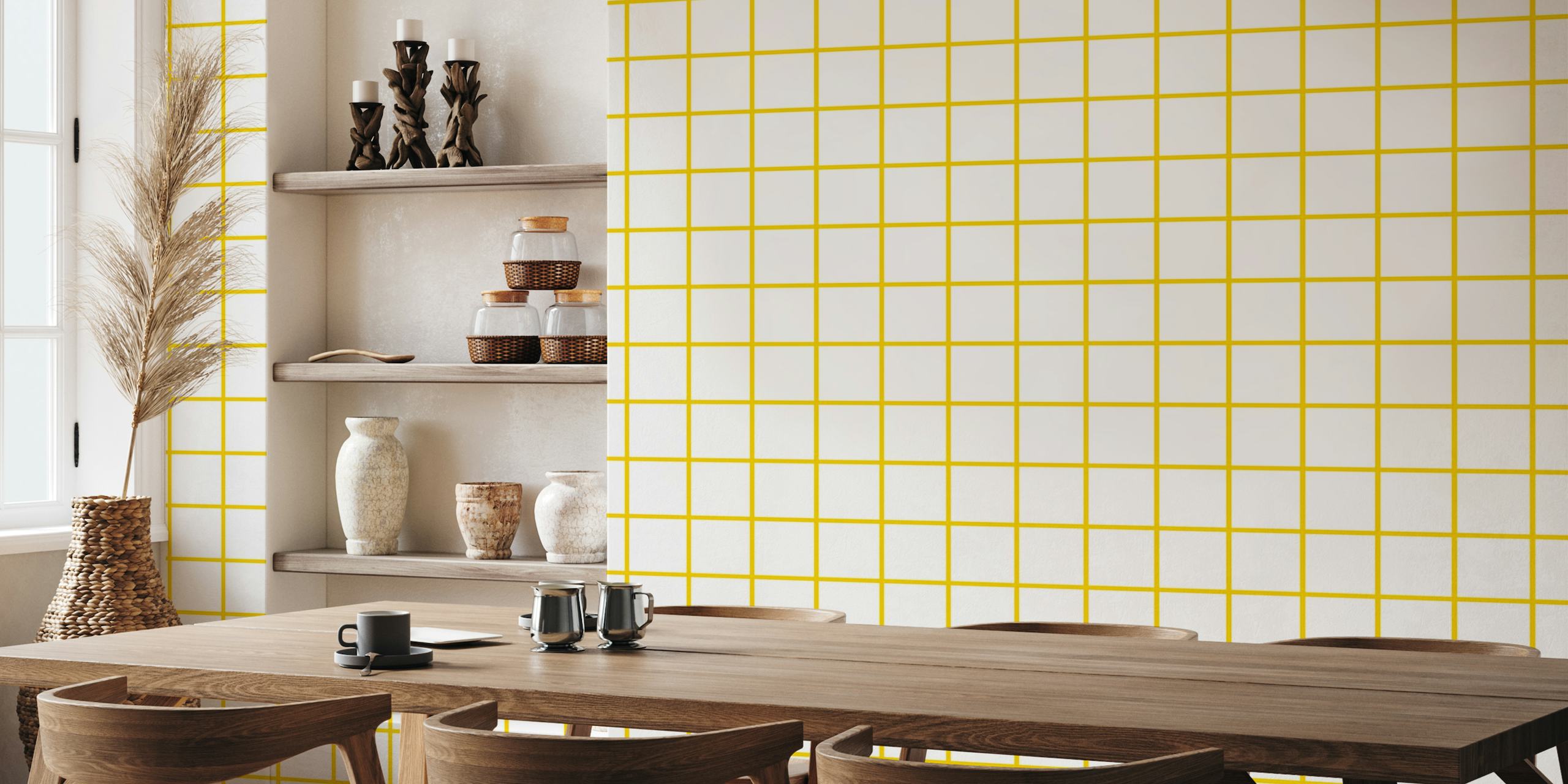 Yellow on white grid wallpaper