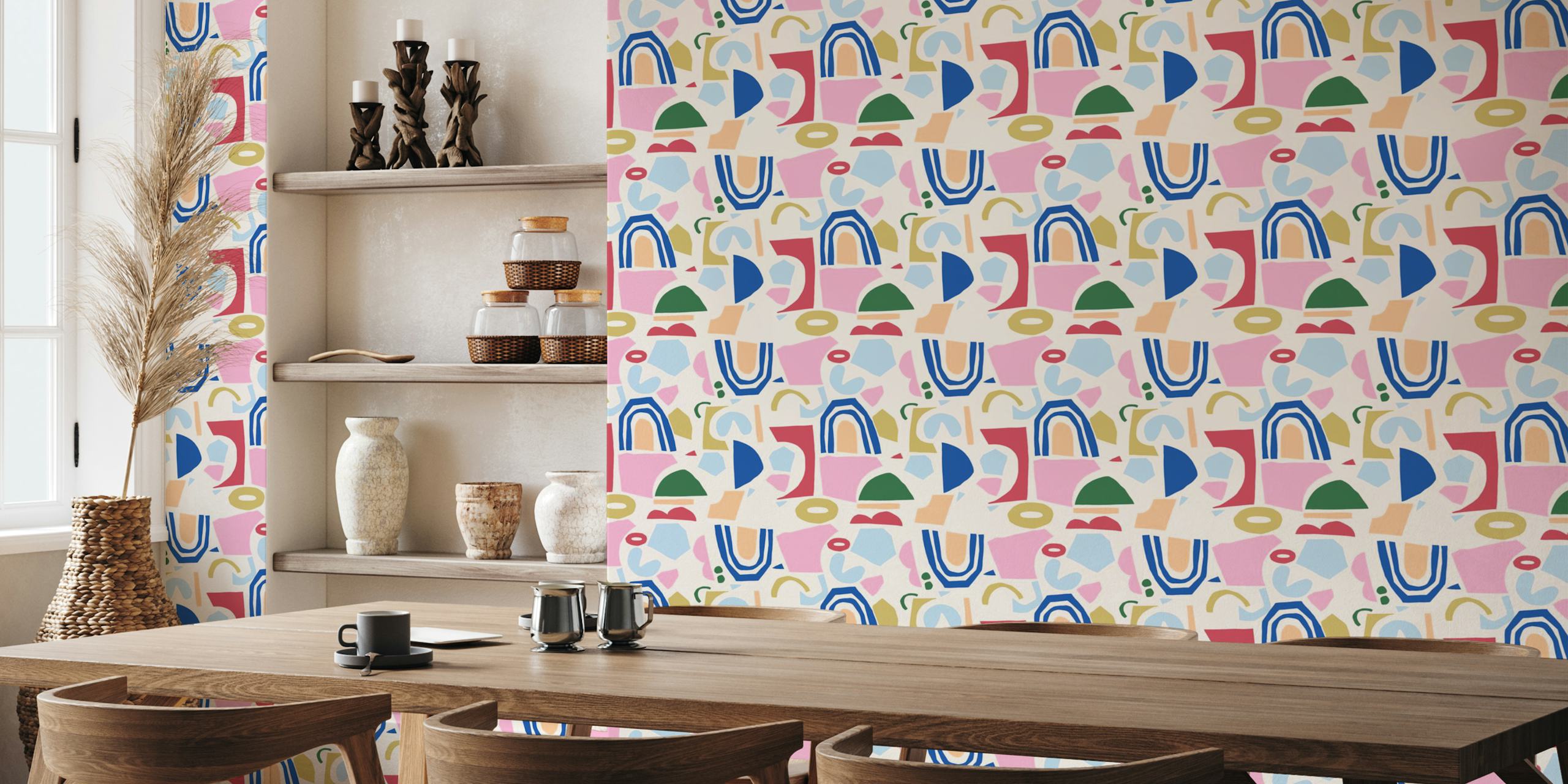 Multicolored abstract shapes in pink, blue, green, and yellow wallpaper
