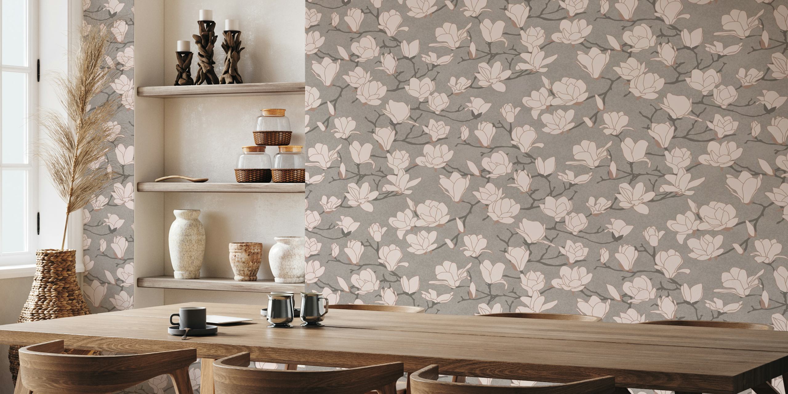 Tapeta Magnolia taupe vystavená v pokoji