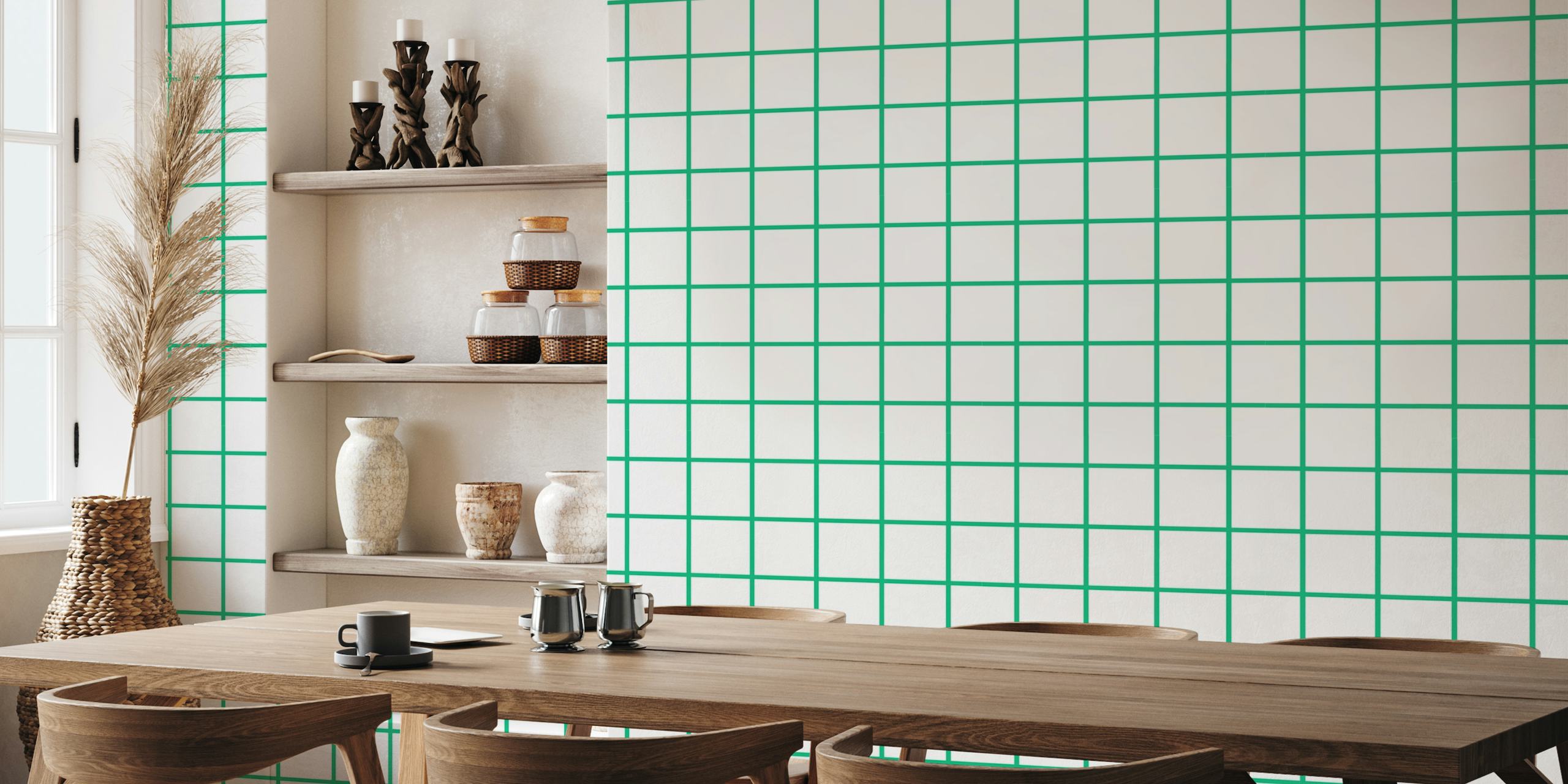 Um fotomural vinílico de parede com padrão de grade com linhas verdes em um fundo branco, dando uma aparência moderna e limpa.