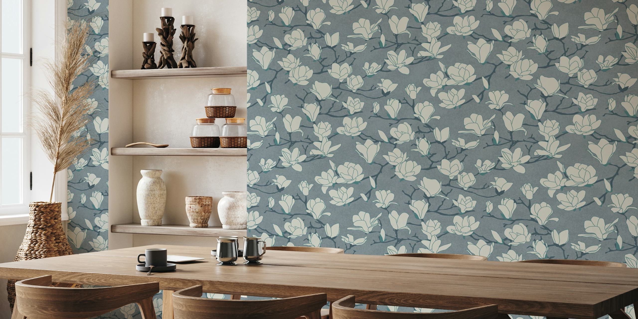 White magnolia blossoms on slate gray background wall mural