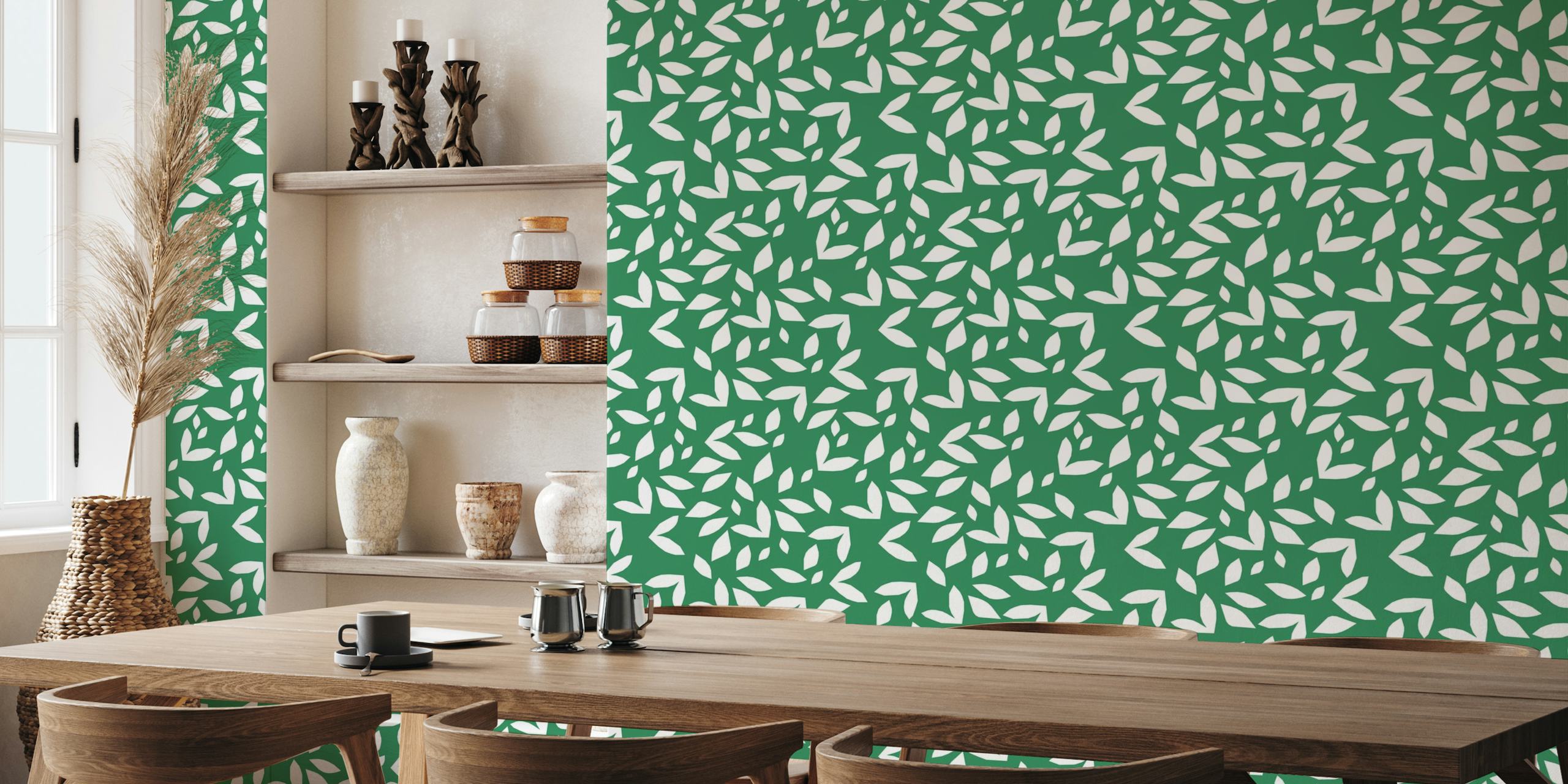 Green leaves pattern wall mural depicting autumn foliage