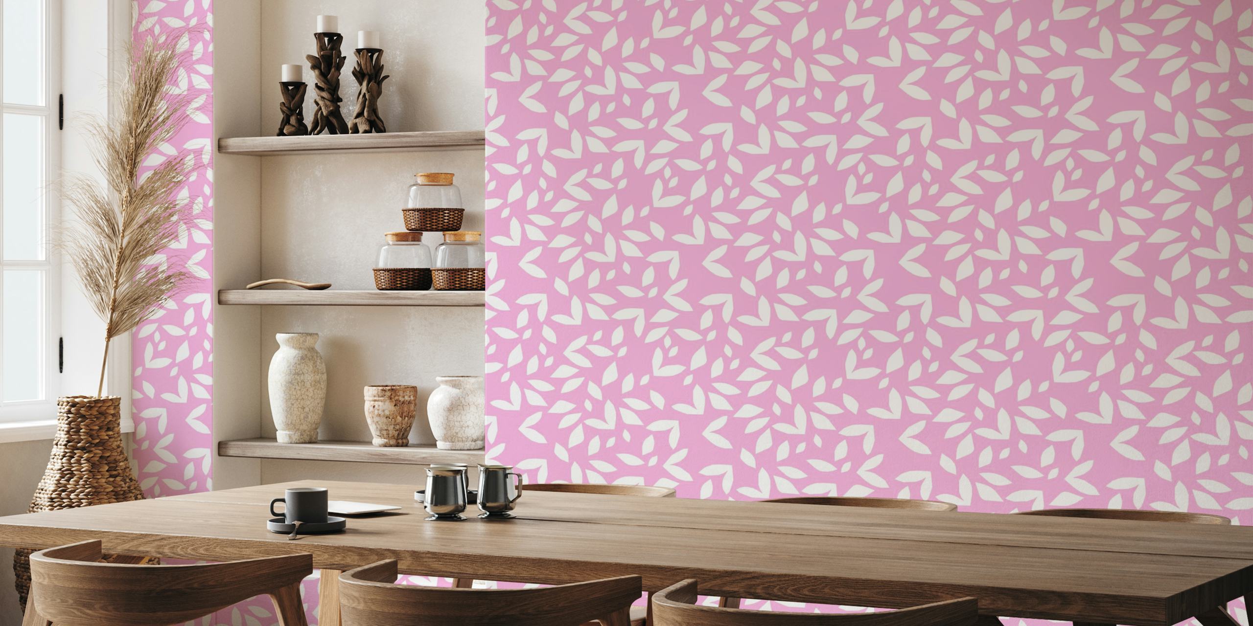 Pink og hvidt bladmønster vægmaleri med navnet Rosa Autumn Bliss