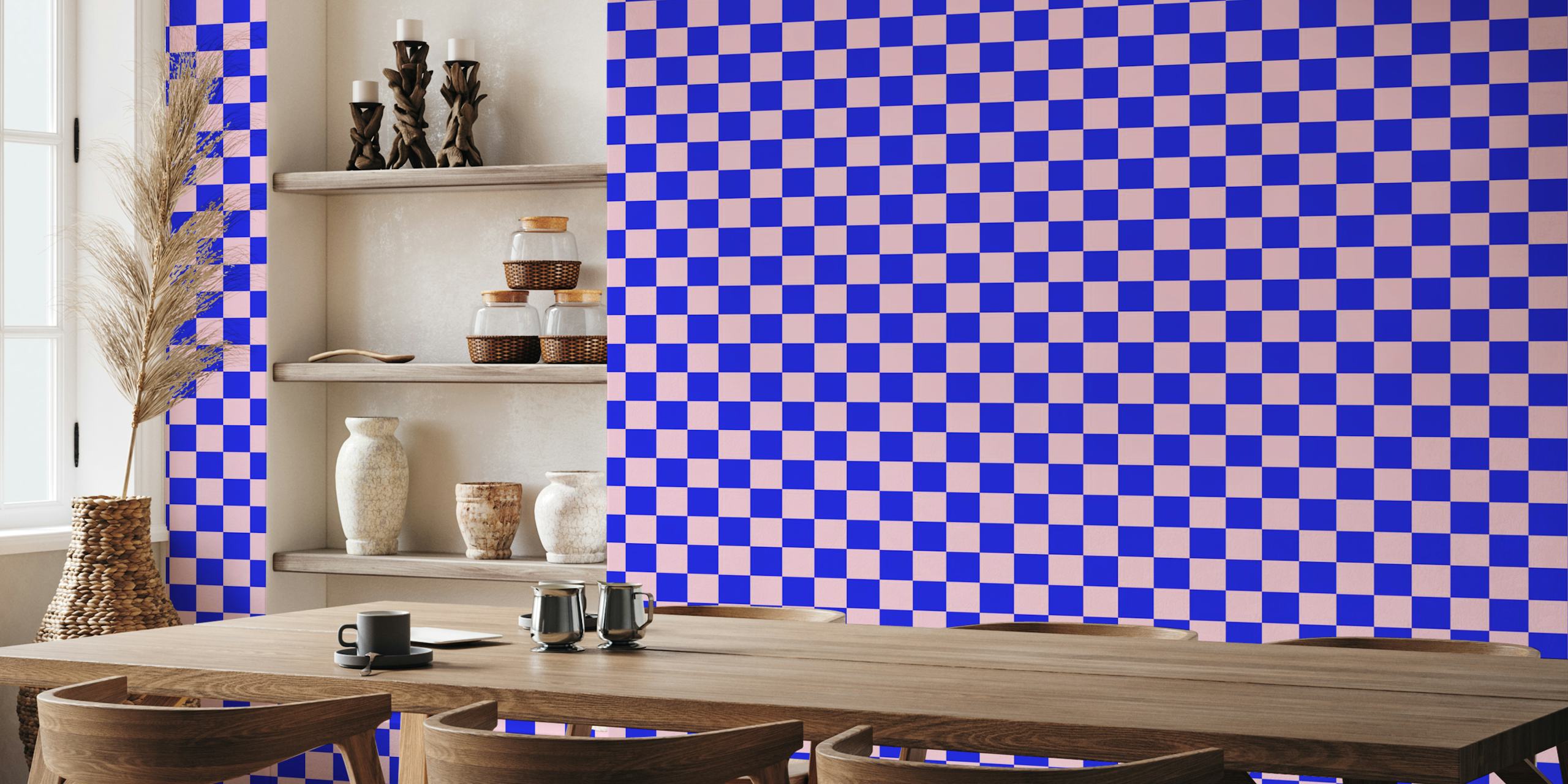 Pink and blue checker wallpaper in a room