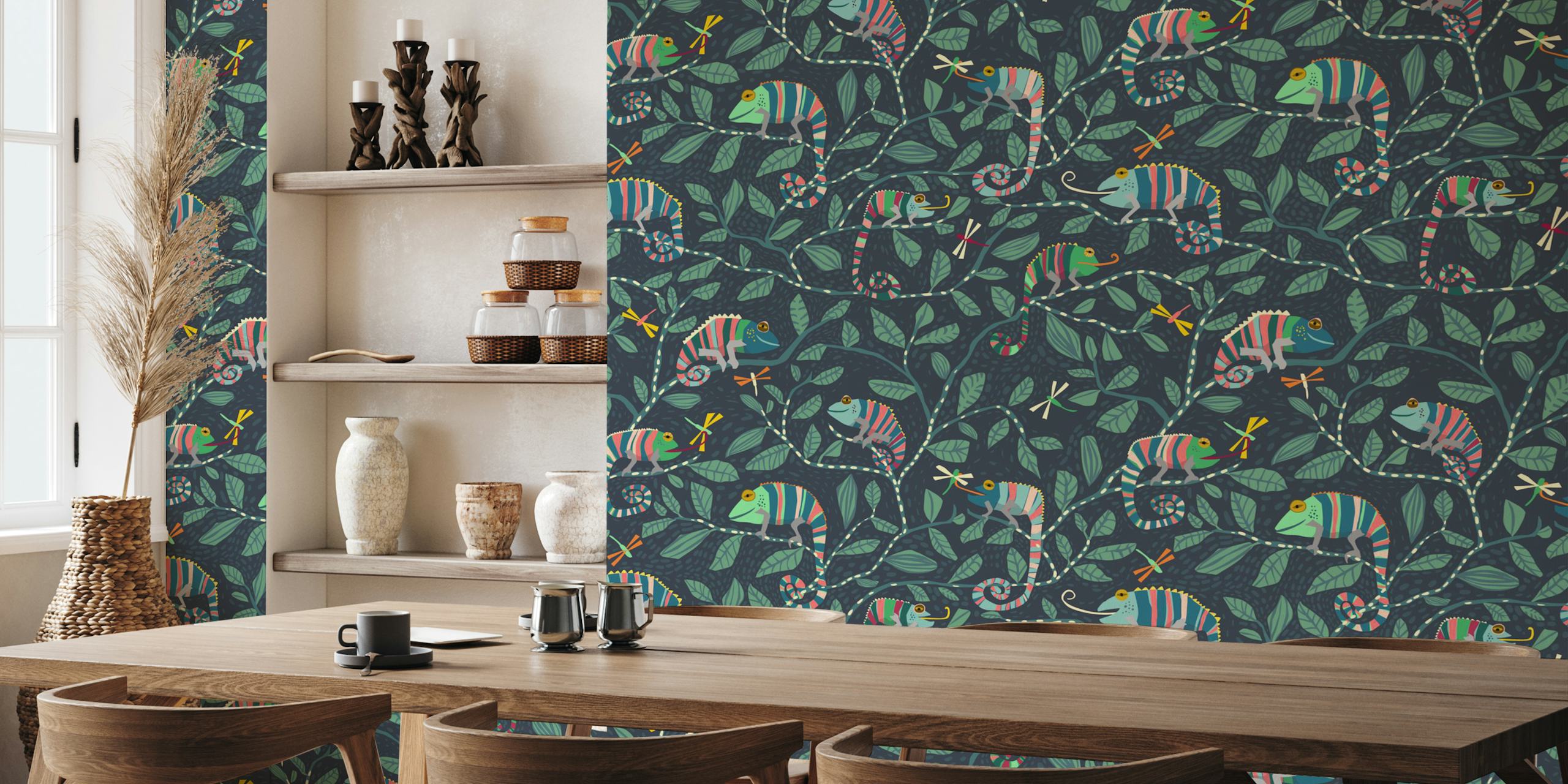 Colorful chameleons on leafy branches pattern wallpaper