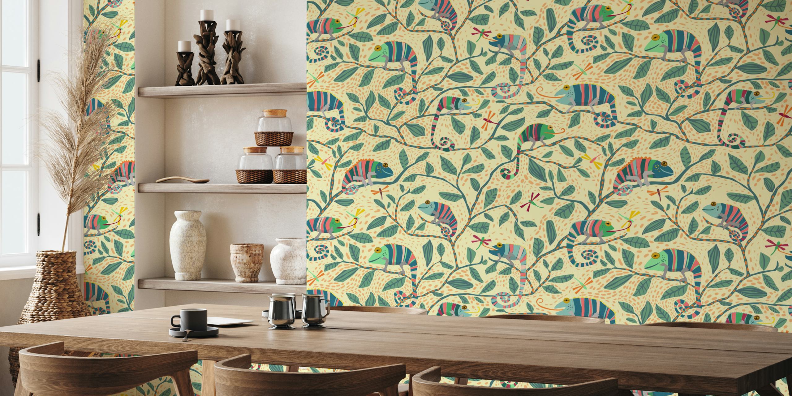 Quirky chameleon family wallpaper design