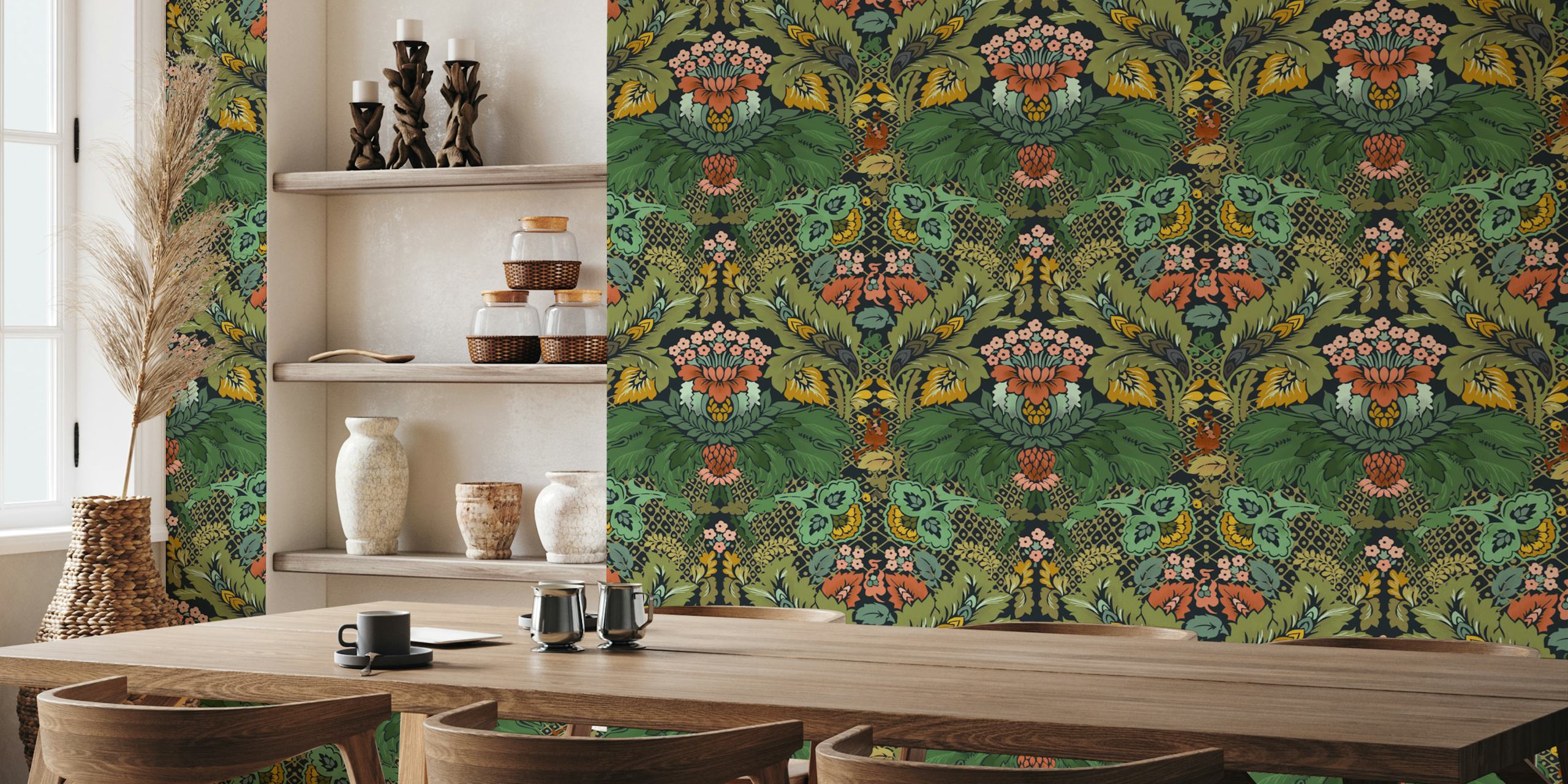 Victorian flower damask mörkblå tapet i ett rum