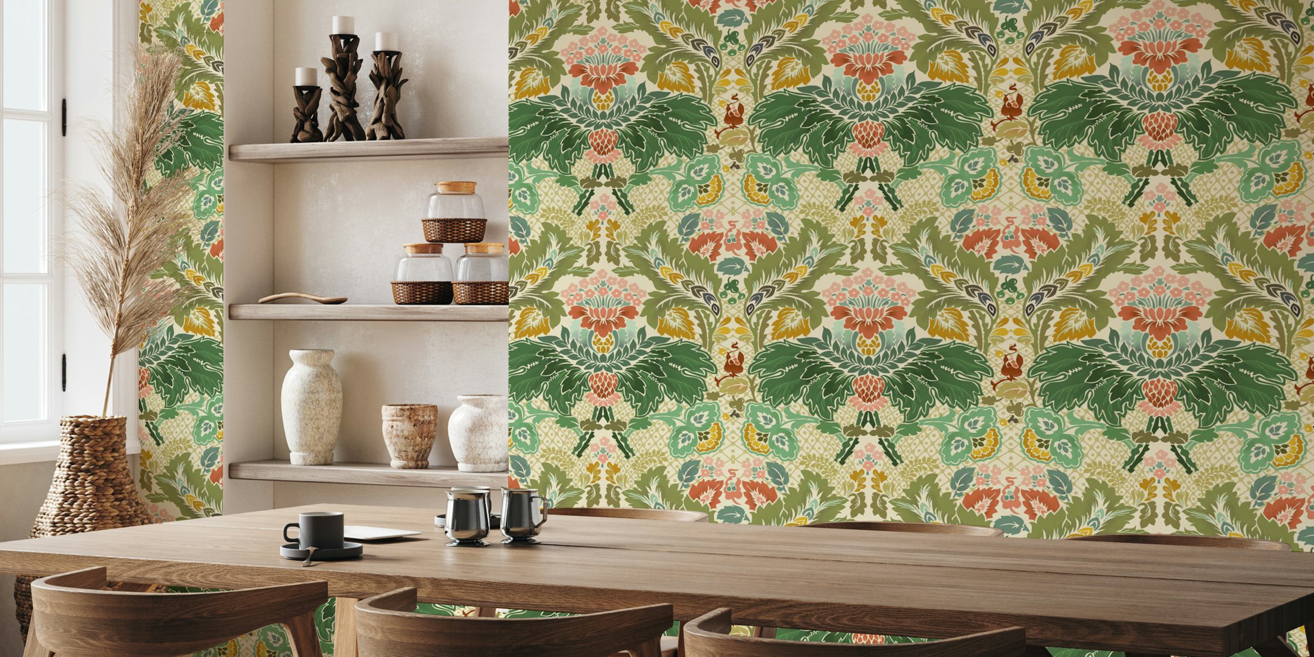 Vintage floral damask pattern in green and pink on ivory wallpaper