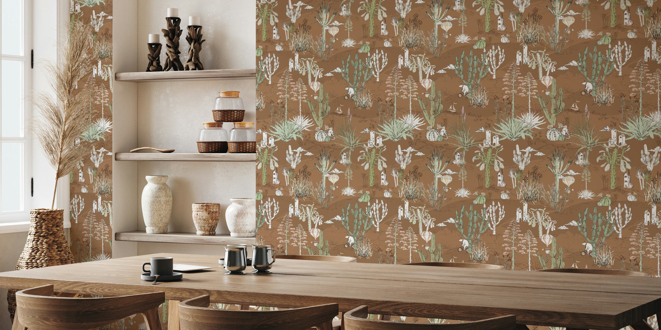 Cactus earthy landscape with neutral brown and green tones, illustrative style wallpaper