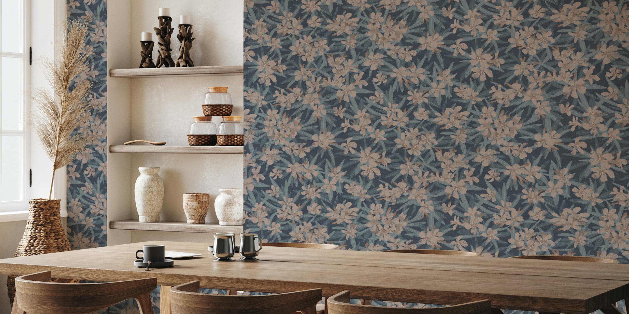 Oleander blue & taupe floral wallpaper in a room.
