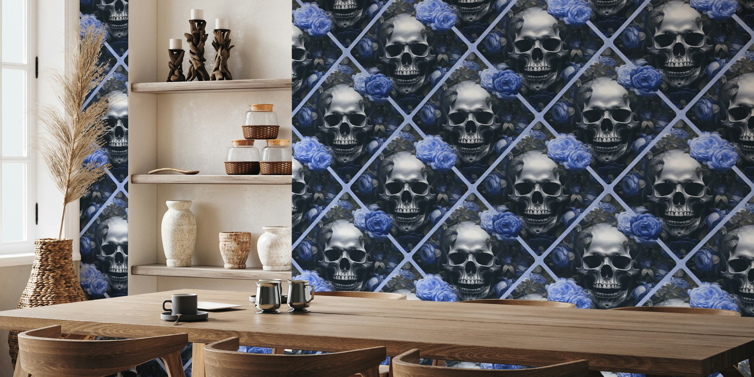 Skulls and roses wallpaper in a room