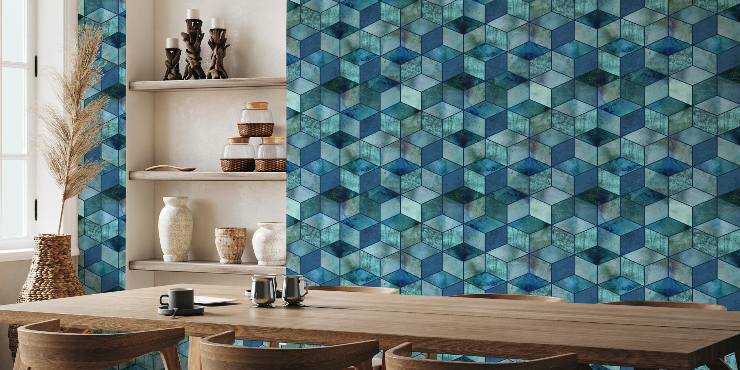 Mural de pared 3D moderno con geometría de lujo y cúbicos azules