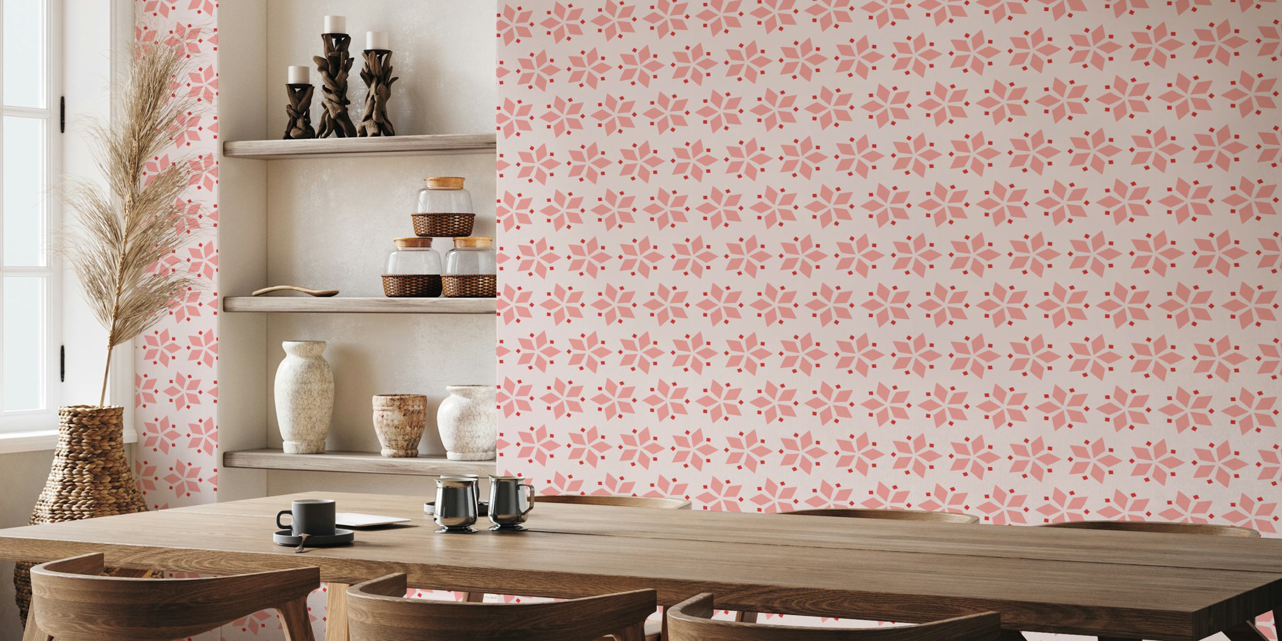 Pink floral pattern with coral geometric shapes wallpaper