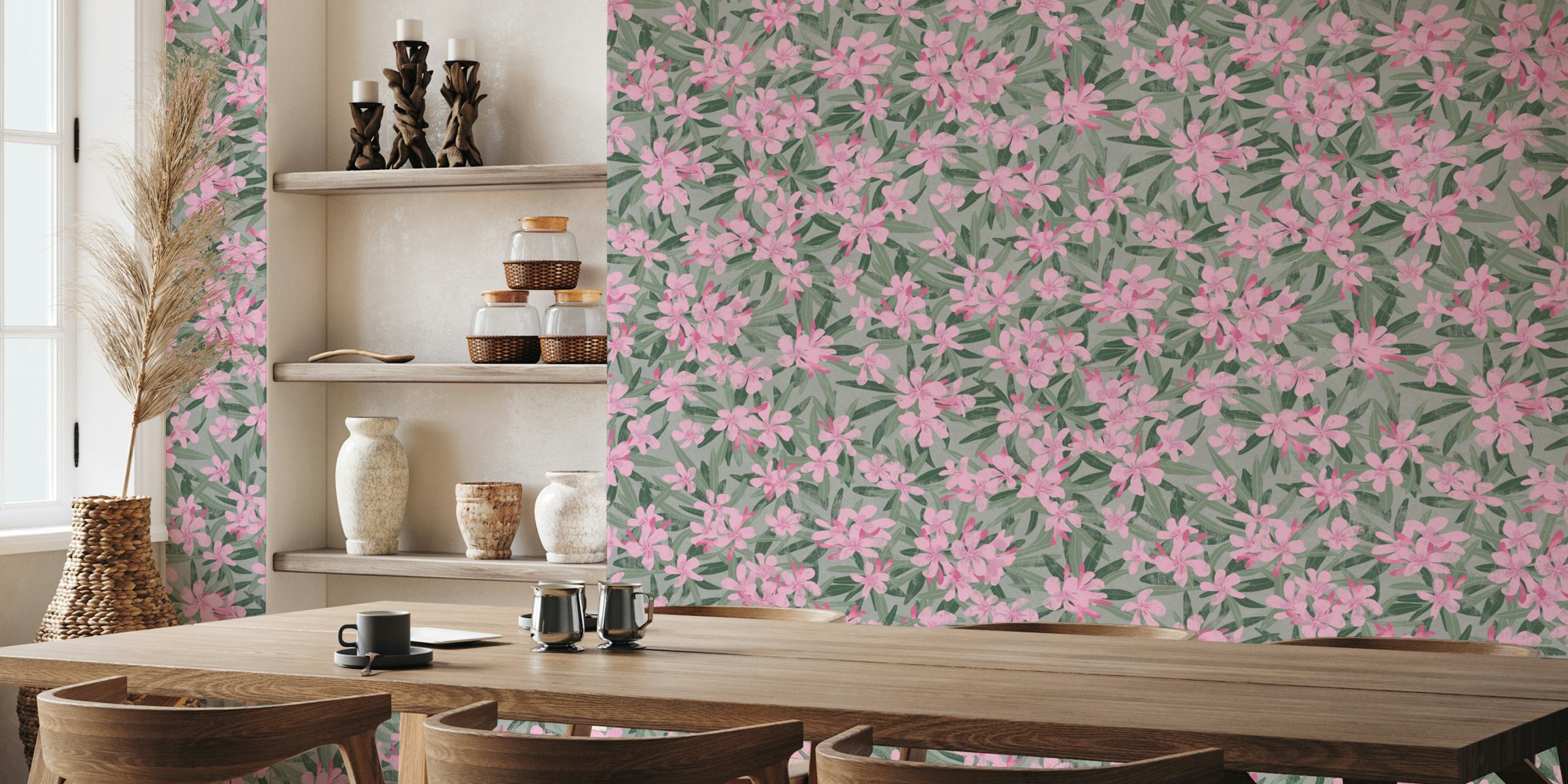 Pink Oleander Wall Mural with Dense Floral Pattern