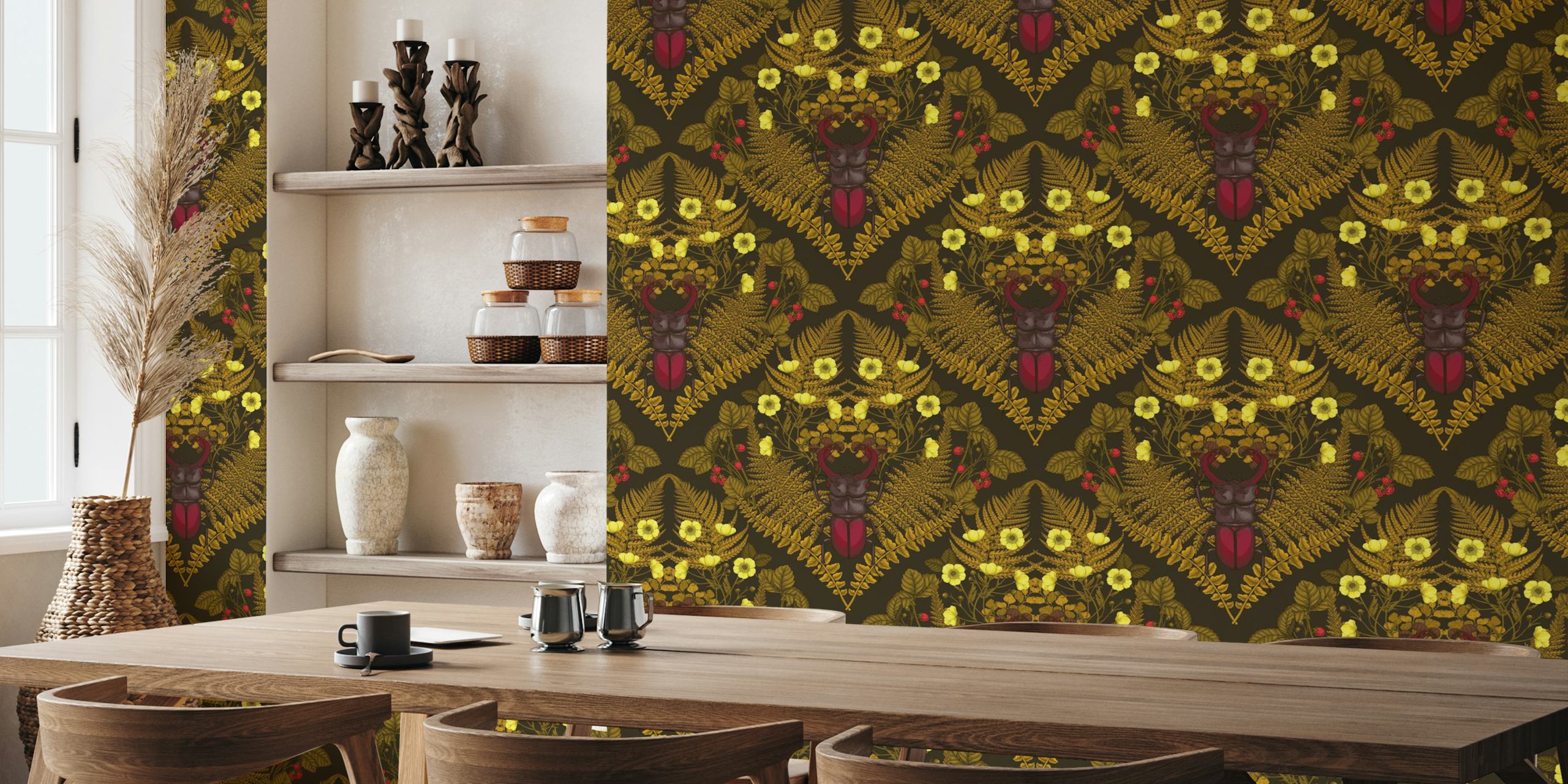 Stag beetle surrounded by ferns and yellow flowers in botanical wallpaper