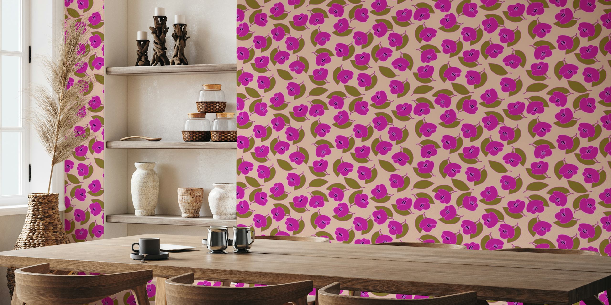 Jasmine flower pattern wall mural with leaves on pastel pink background