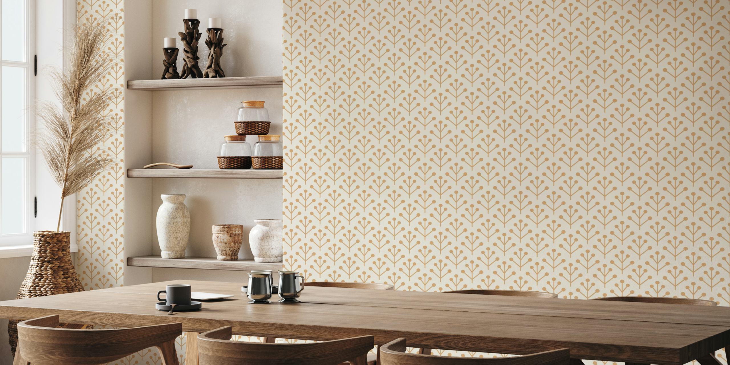 Scandinavian-style twig pattern wall mural with yellow berries on cream background