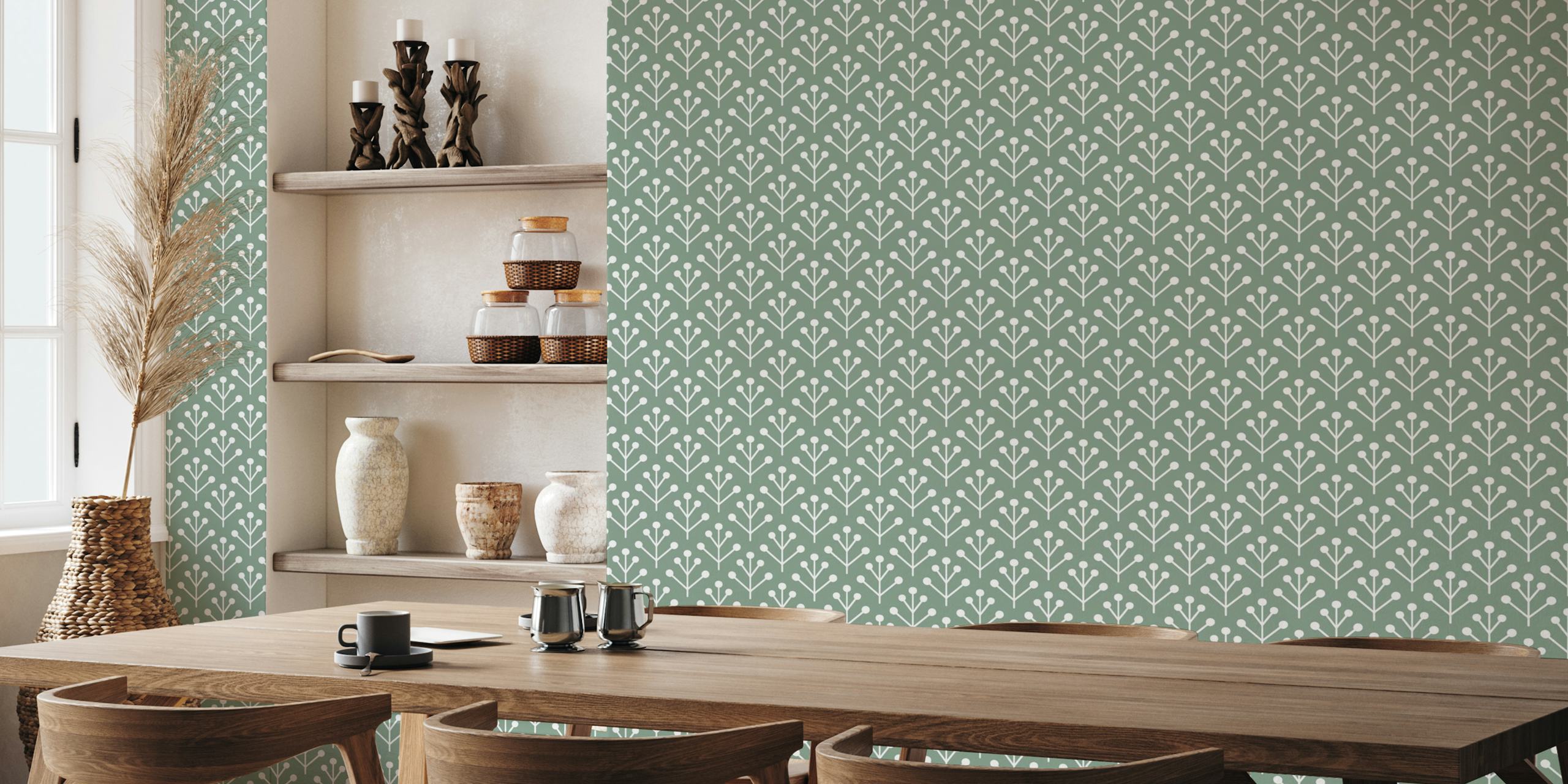 Berry Twig scandi sage green tapetti huoneessa