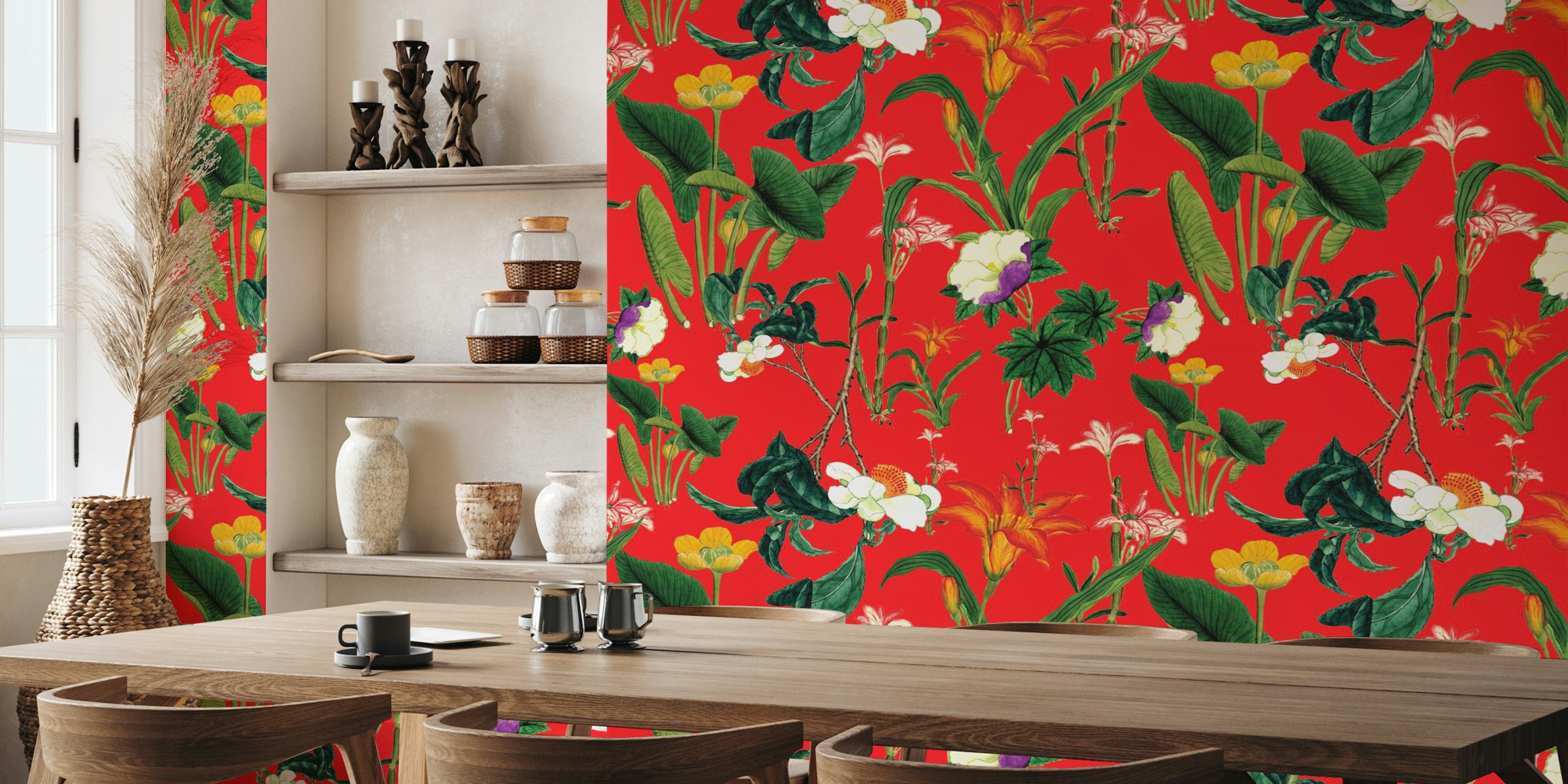 Colorful floral patterns on a crimson background wallpaper