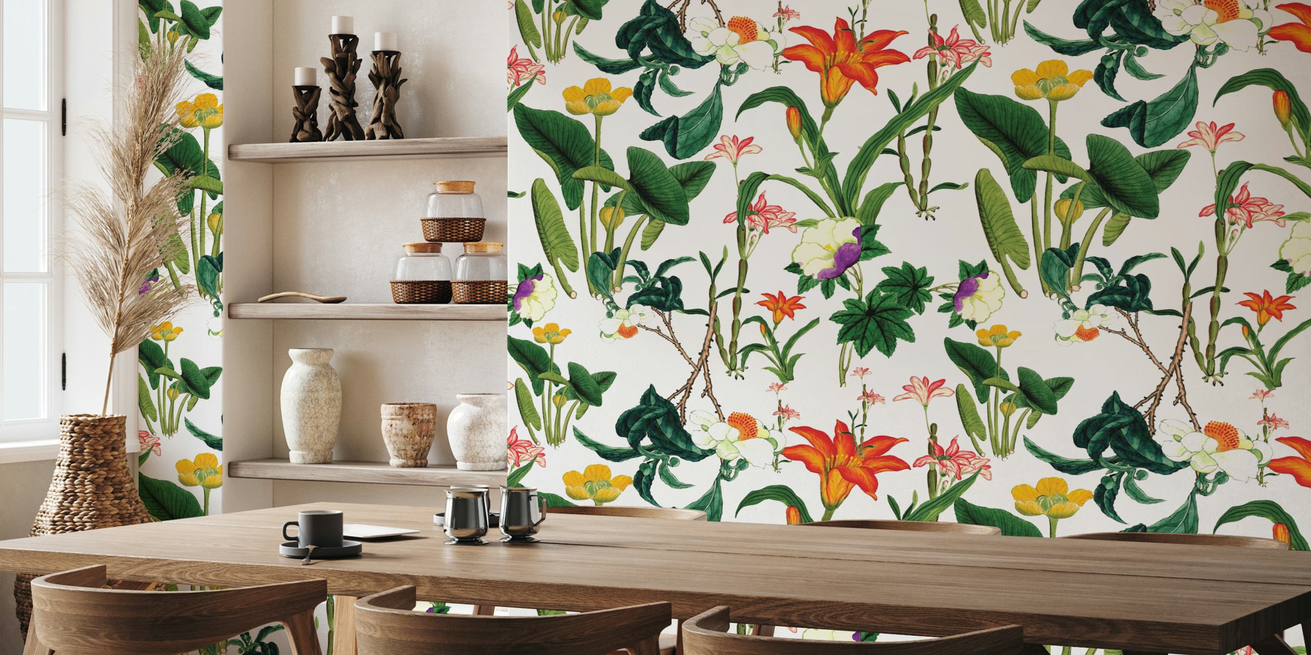 Botanical floral wallpaper featuring various flowers and green leaves on a white background.