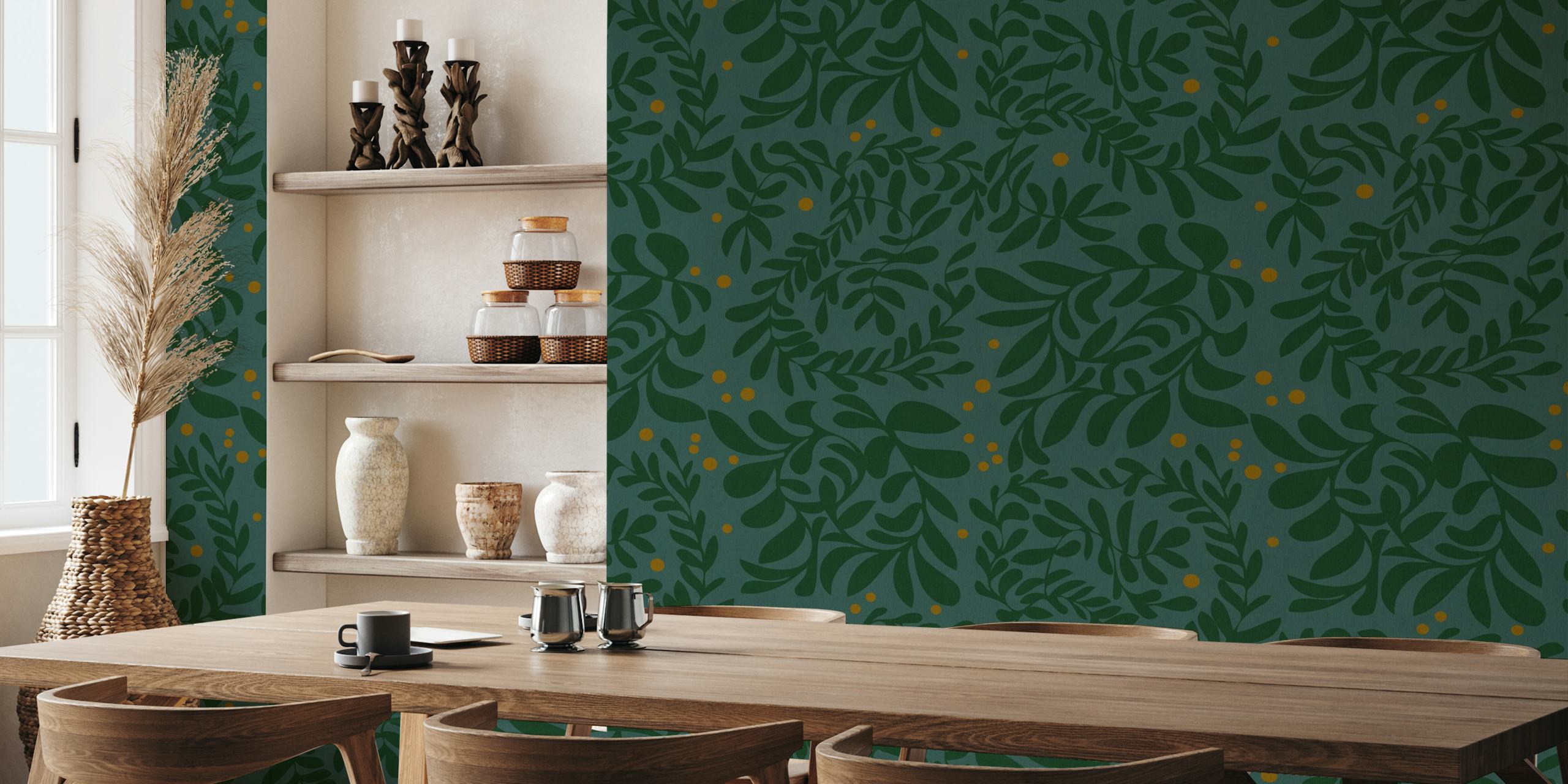 leaves on dark teal ταπετσαρία σε ένα δωμάτιο