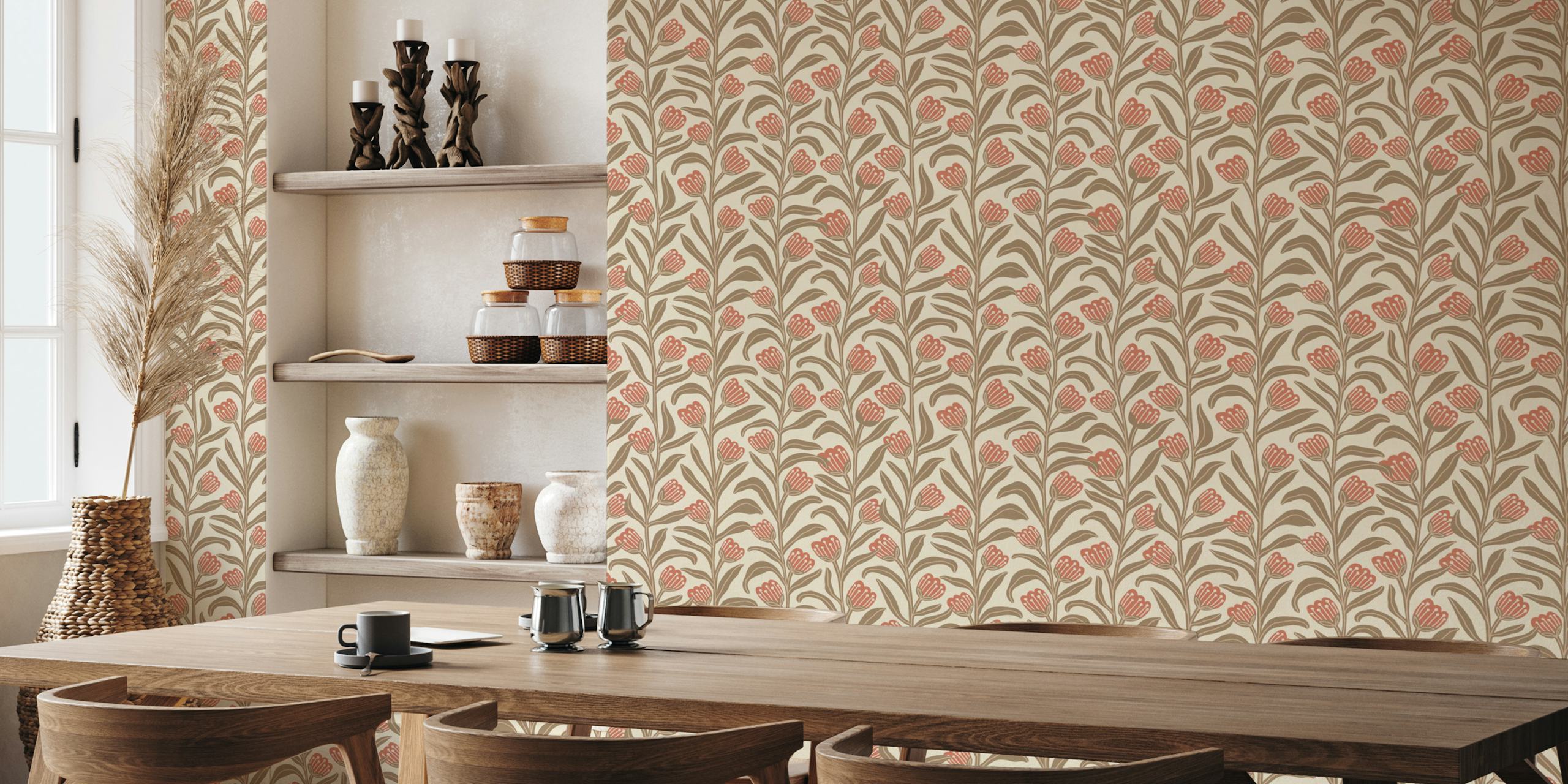 Floral pattern with red flowers and brown leaves on beige wallpaper