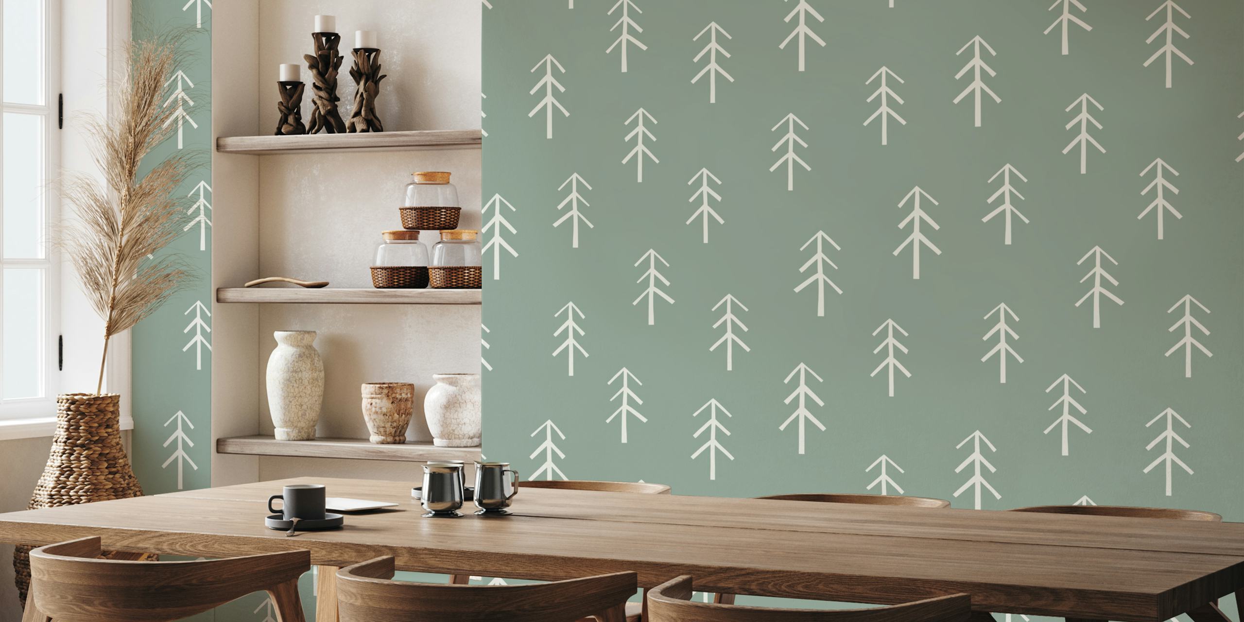 Forest sage green papel de parede com padrão de árvore