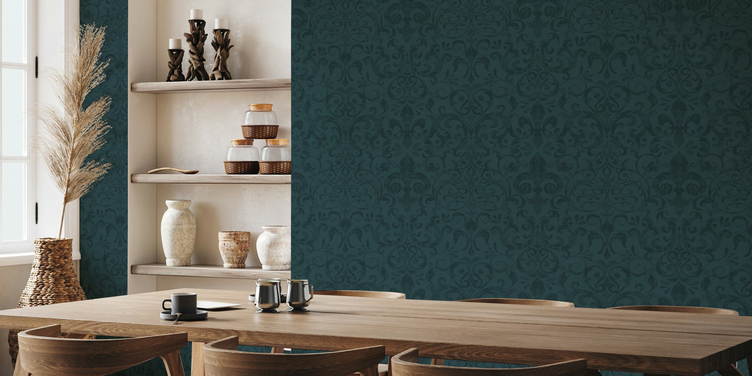 Fleur de Lis dark velvet teal carta da parati nella stanza