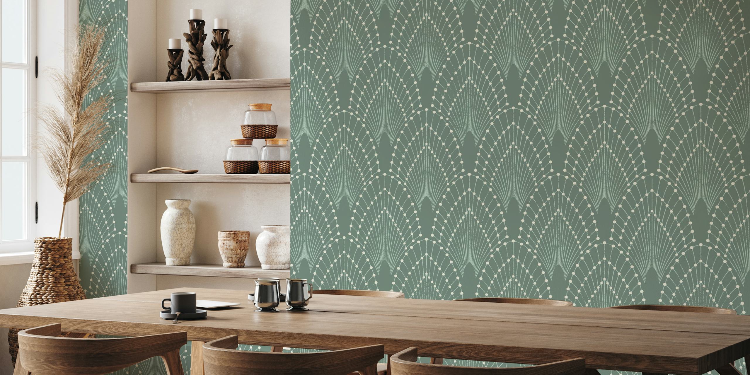 Elegant Art Deco style wall mural in sage green with geometric patterns.