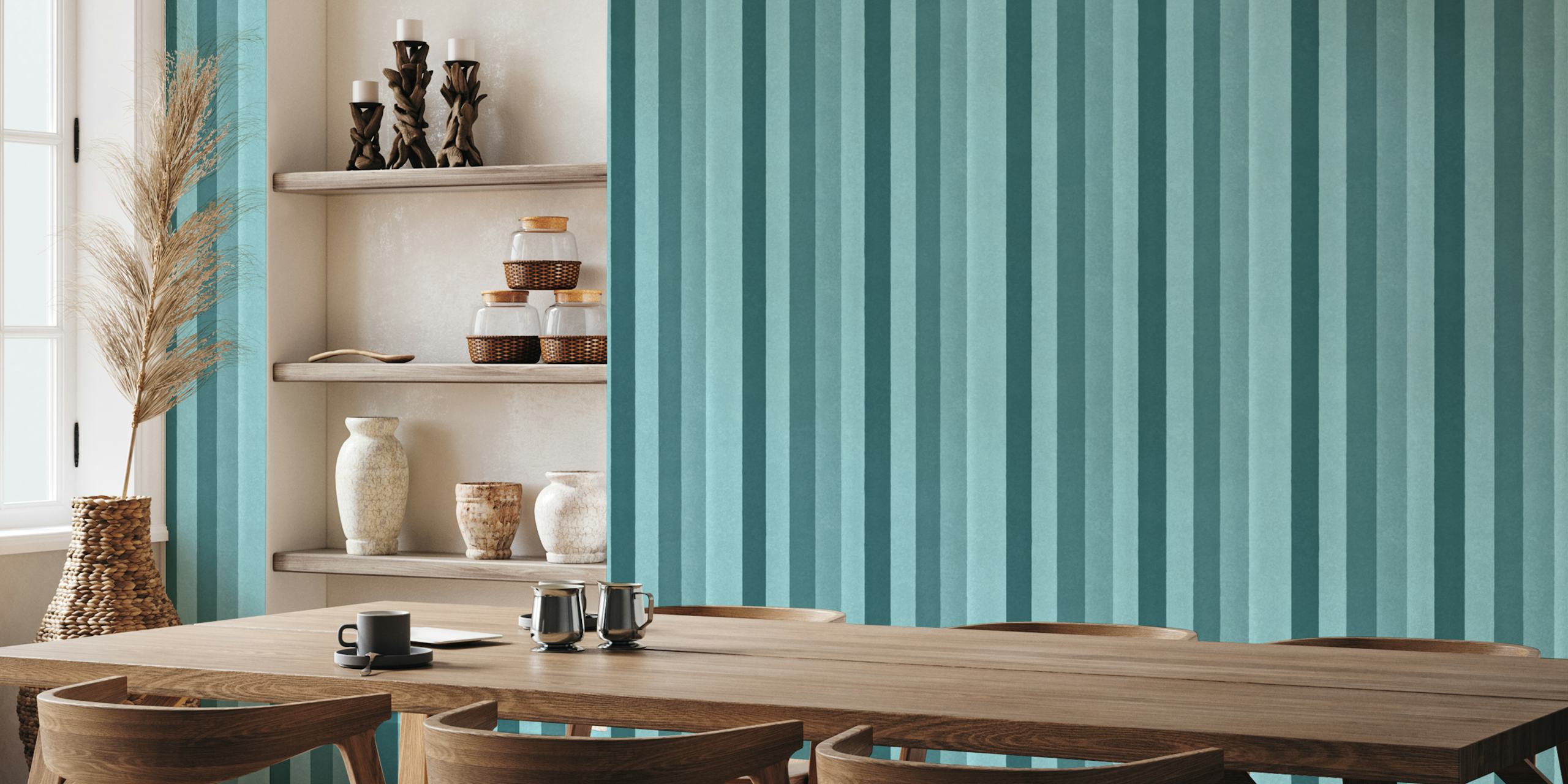 Teal striped wallpaper with varying shades and textures