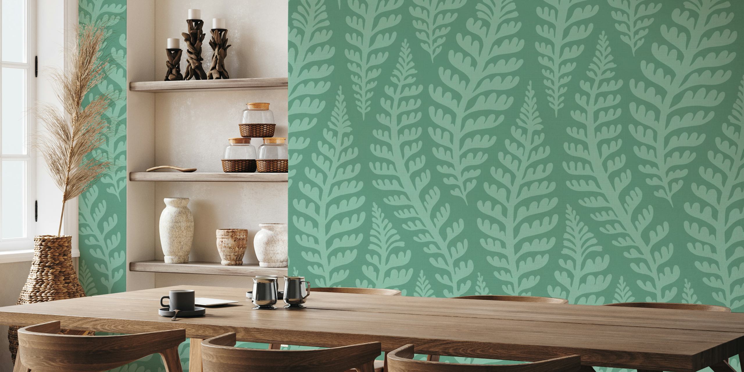 Papier peint mural à motif botanique Fern Chain Sage dans des teintes vertes tranquilles