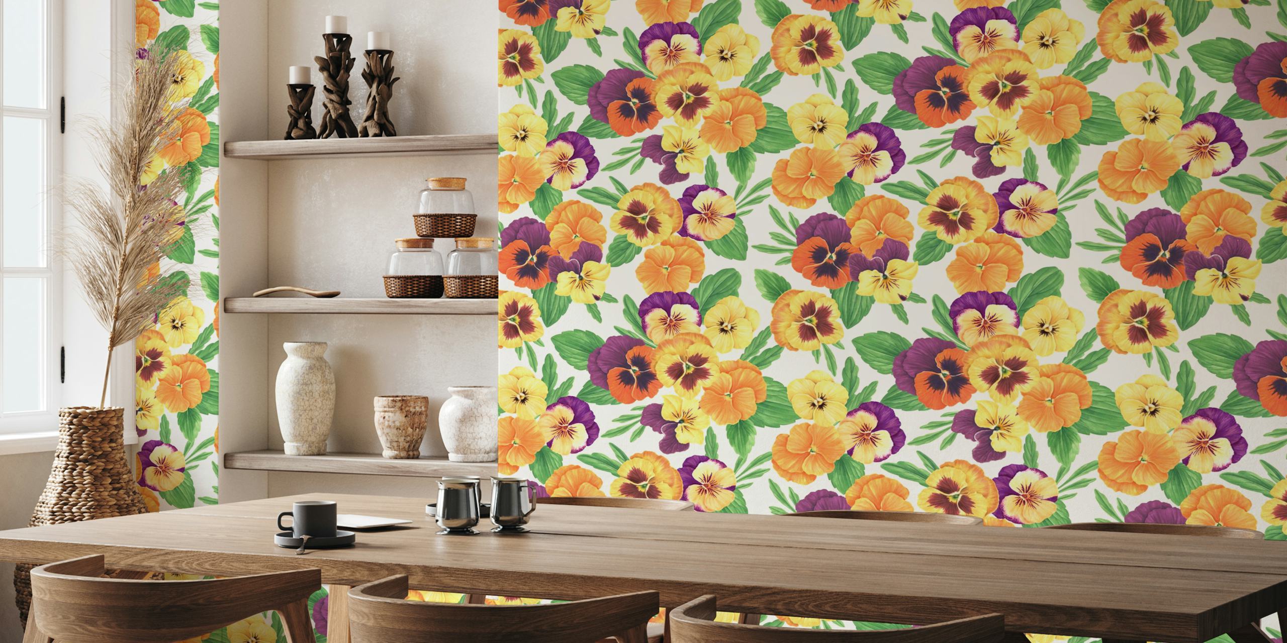 Pansy flowers in various colors with green leaves on off white wallpaper