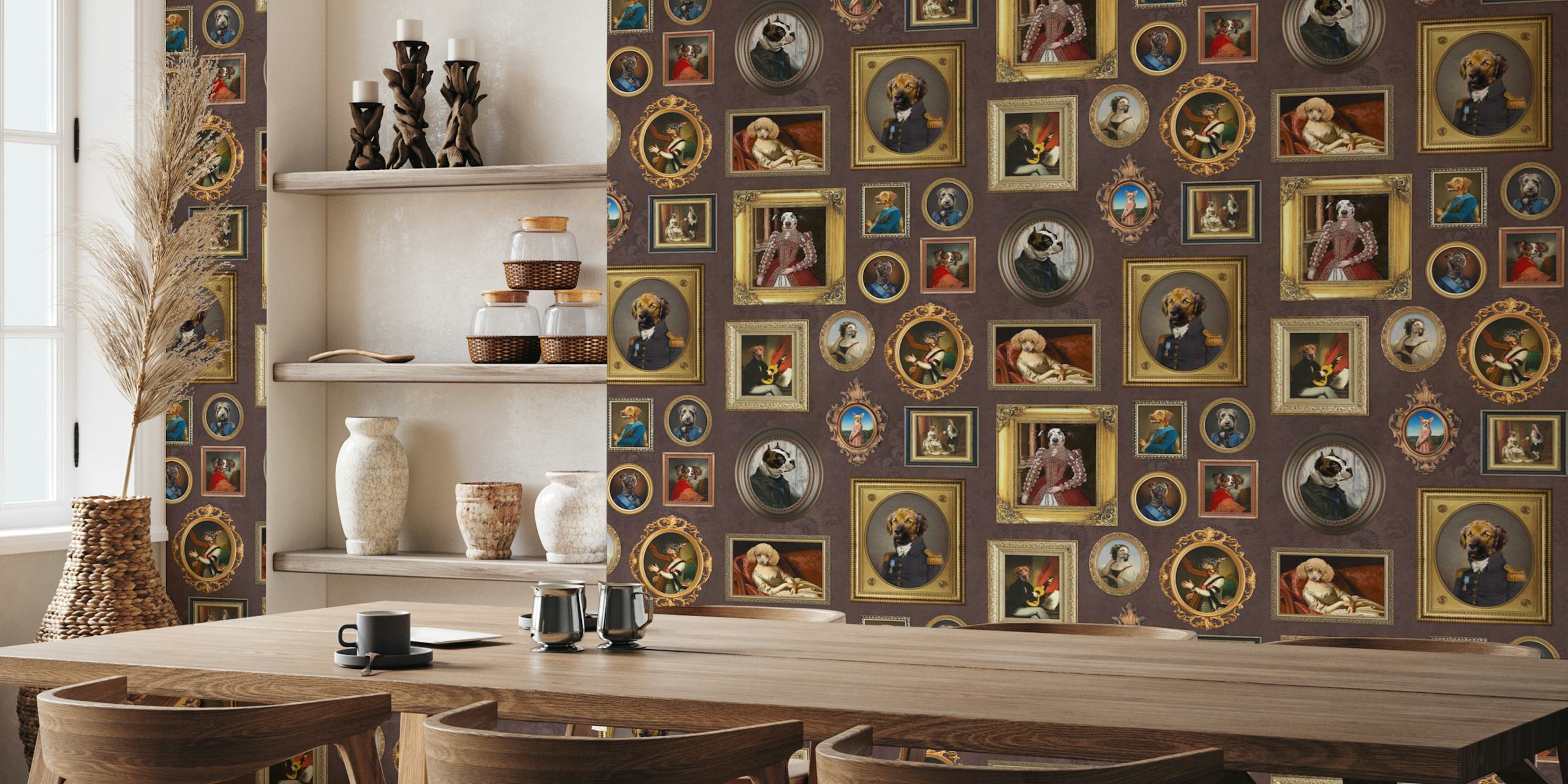 Elegant dog portraits in ornate frames on a chocolate-colored background wall mural
