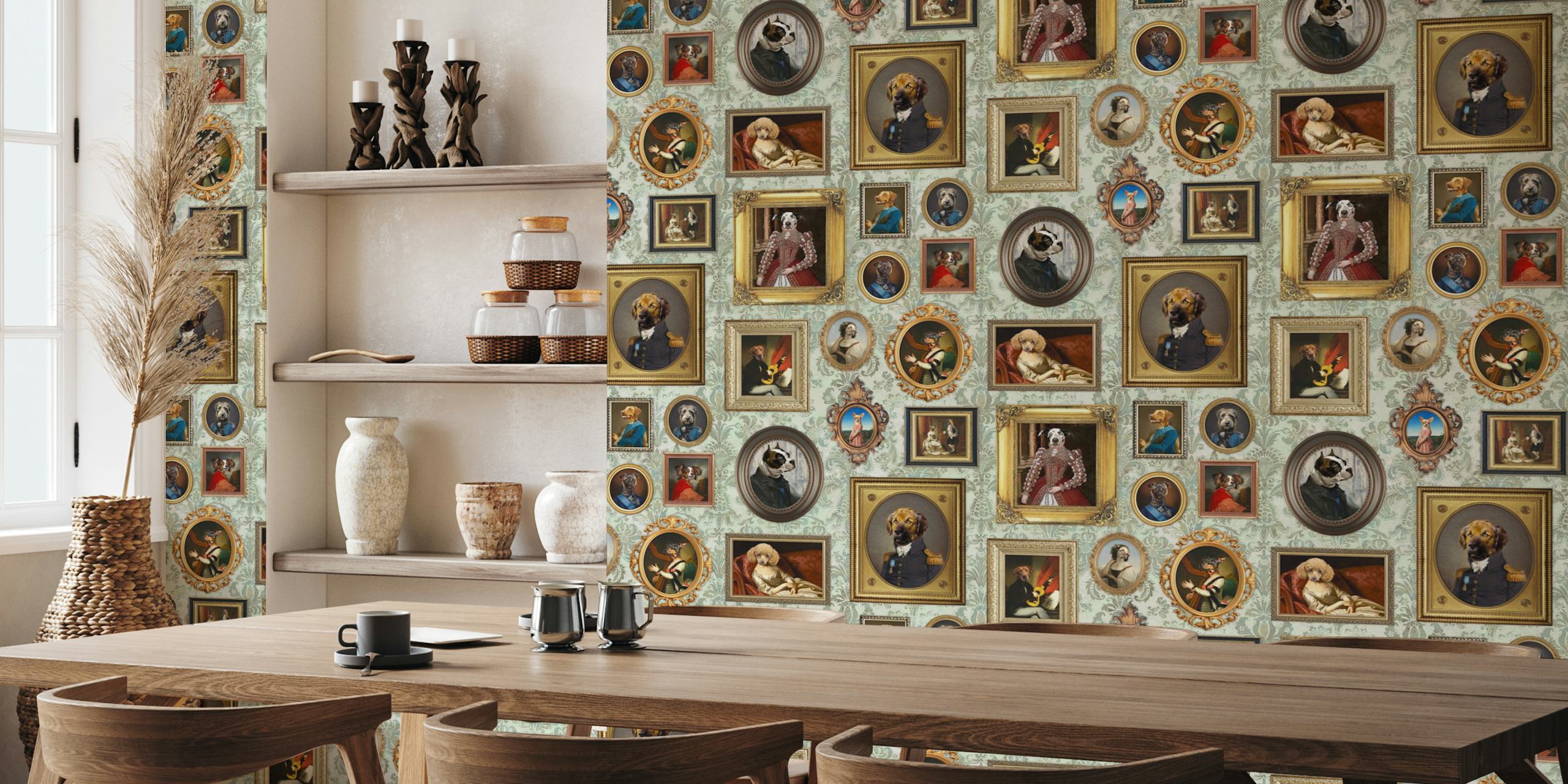 Dog Portraits in vintage frames on a sage mint background wallpaper