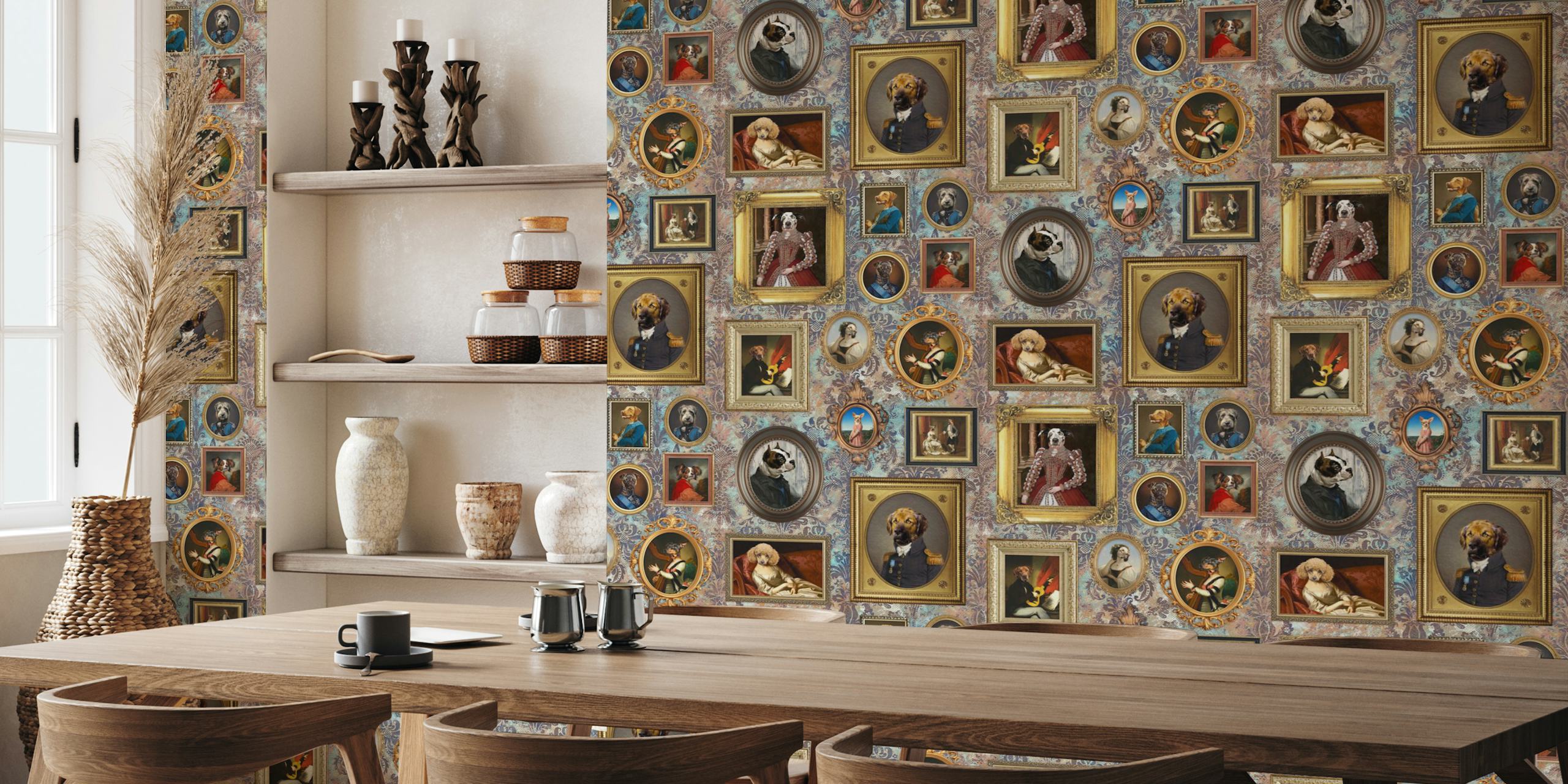 Collection of framed dog portraits on a rust blue wallpaper mural