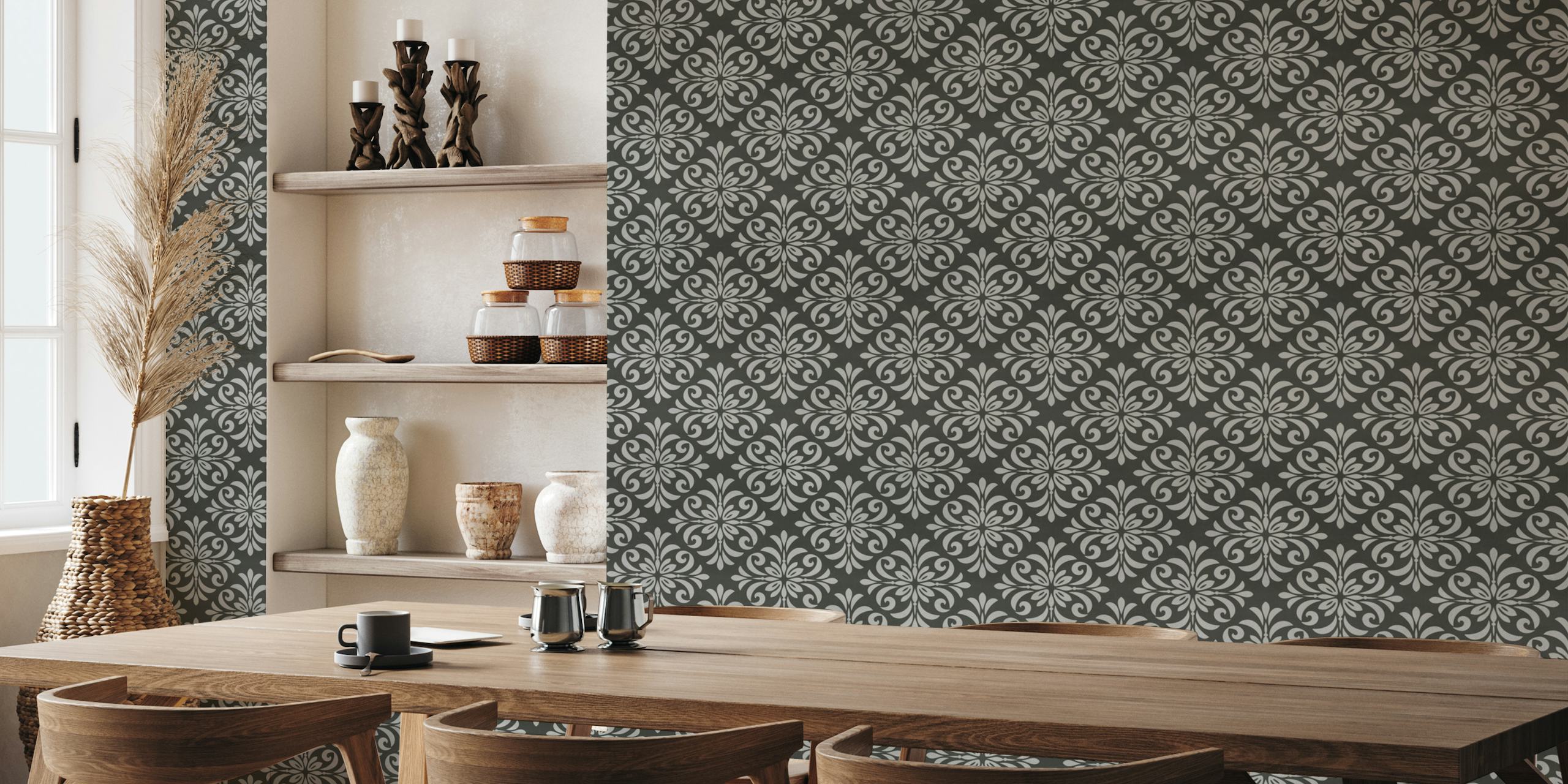 Nøytralt grått flisemønster veggmaleri med klassisk ornamentdesign