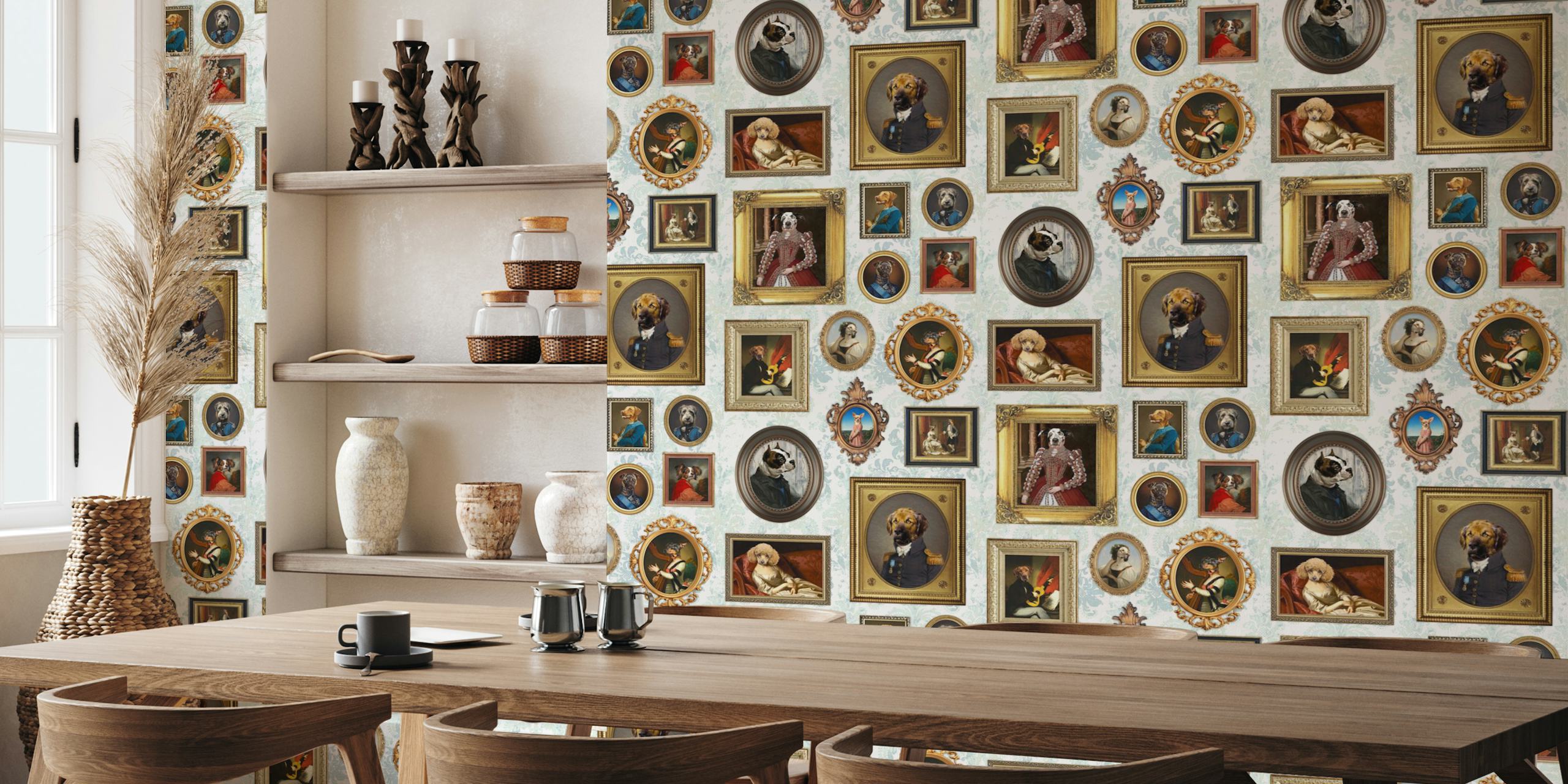 Portraits de chiens dans des cadres vintage, aqua mint wallpaper