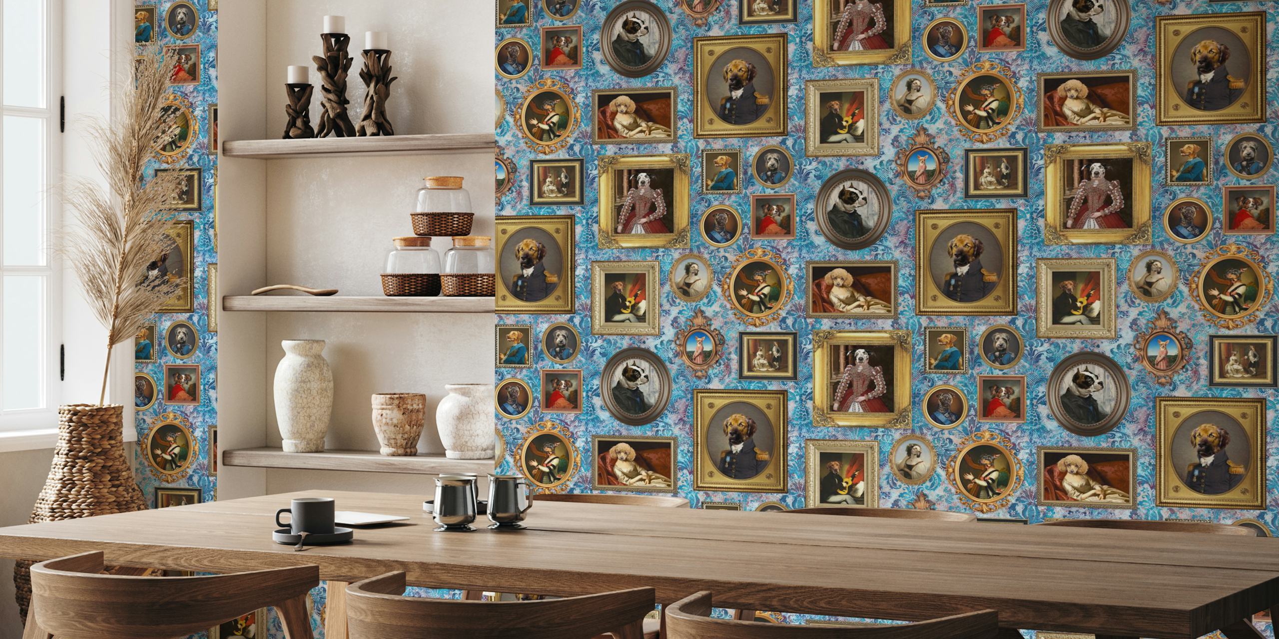 Vintage dog portraits in ornate frames on blue wallpaper