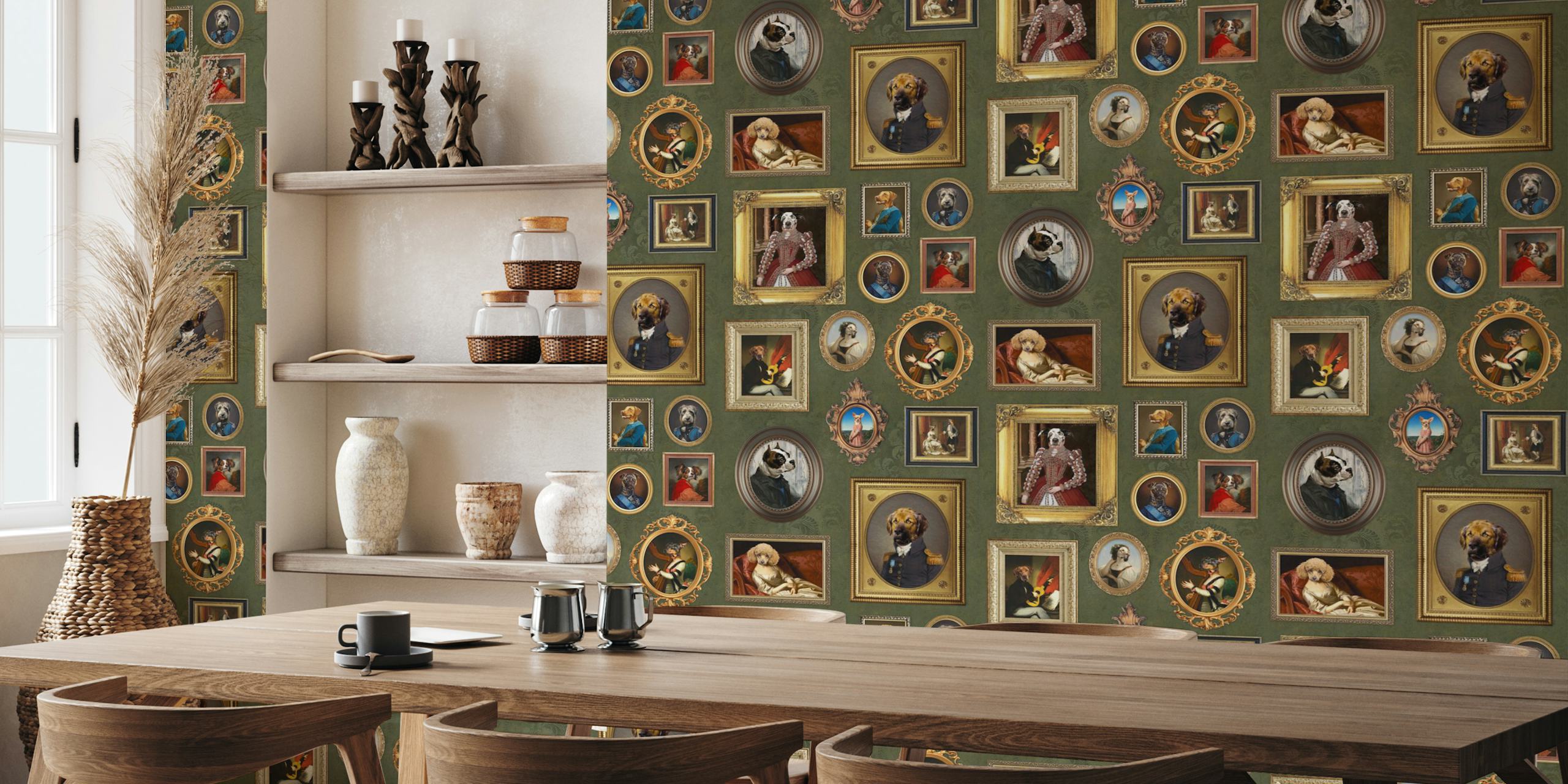Dog portrait wallpaper with vintage frames in olive green