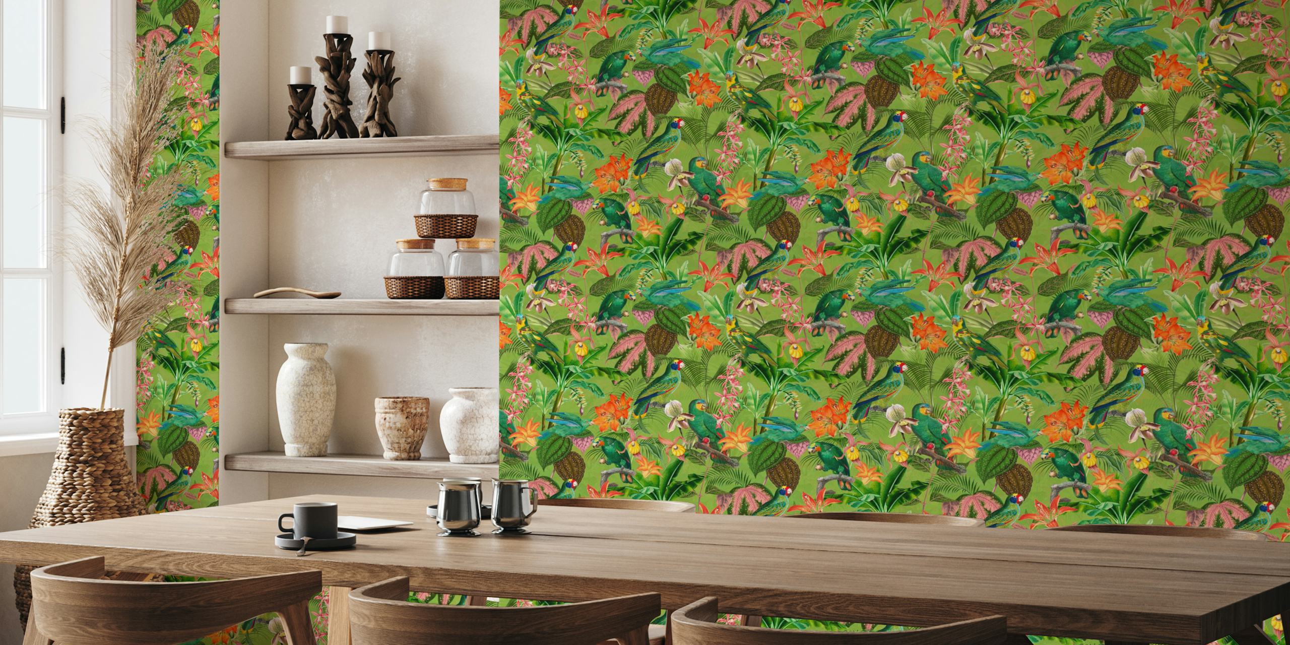 Tropical birds and flowers in vibrant colors wallpaper