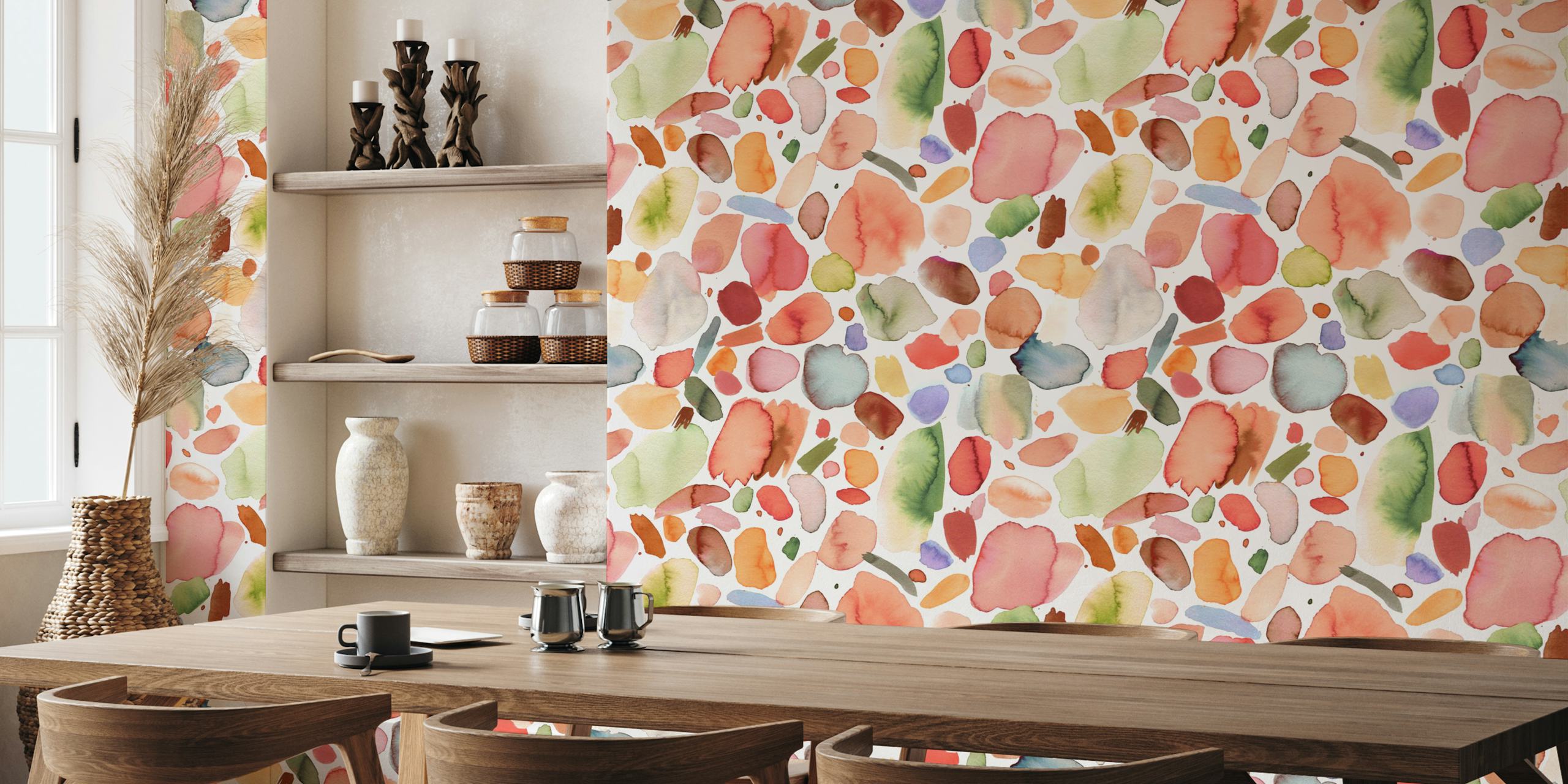 Colorful abstract watercolor shapes in terracotta, greens, and blues wallpaper