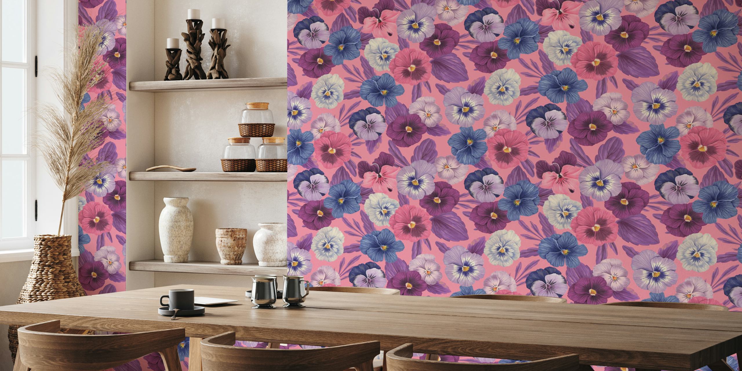 Colorful pansies on pink background floral wallpaper