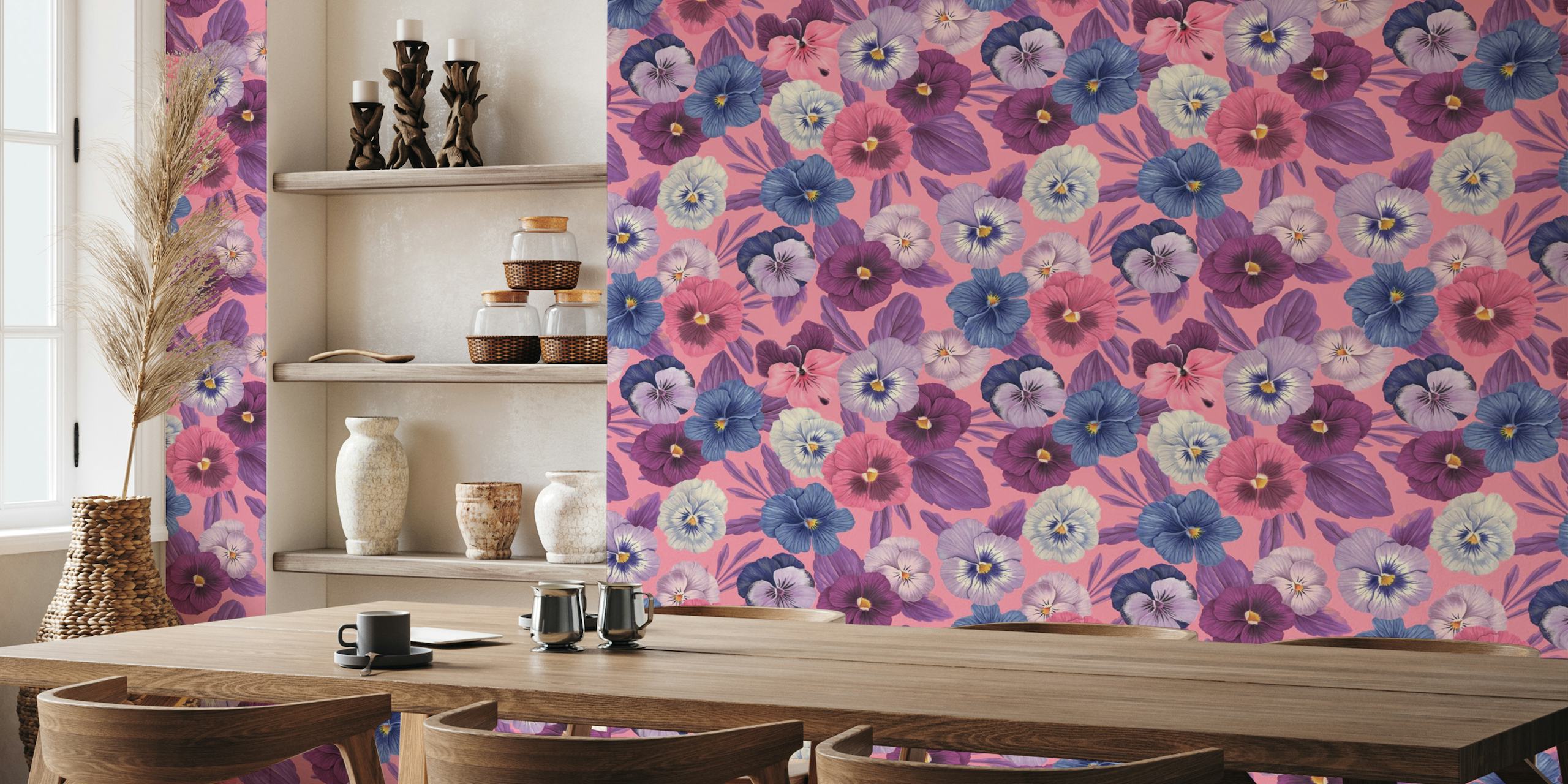 Colorful pansies on candy pink wallpaper